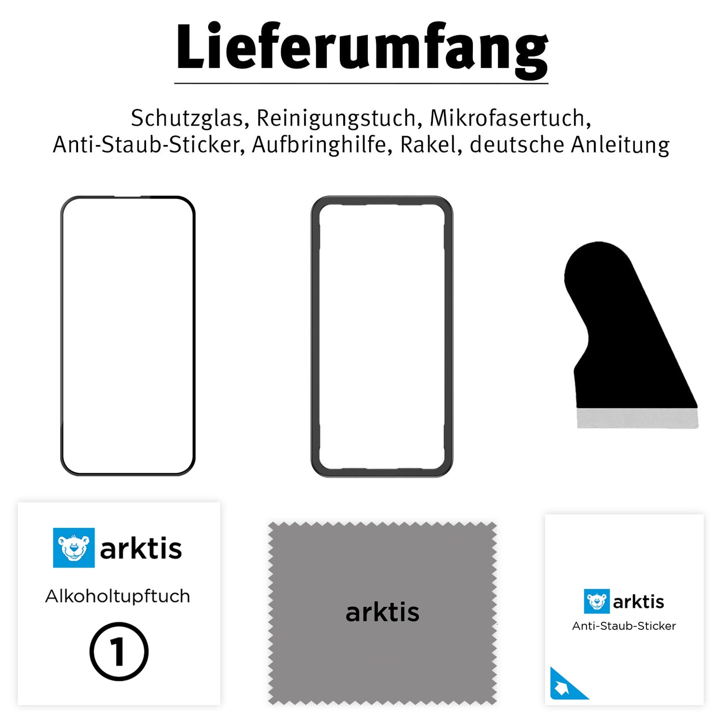 Im Lieferumfang enthalten: arktis iPhone 16e Displayschutz GLAS – hüllenfreundlich von arktis (kratzfest, oleophobe Schicht), Reinigungstuch, Mikrofasertuch, Alkoholtupfer, Installationswerkzeug, Rakel, Staubentfernungsaufkleber und deutsches Handbuch.