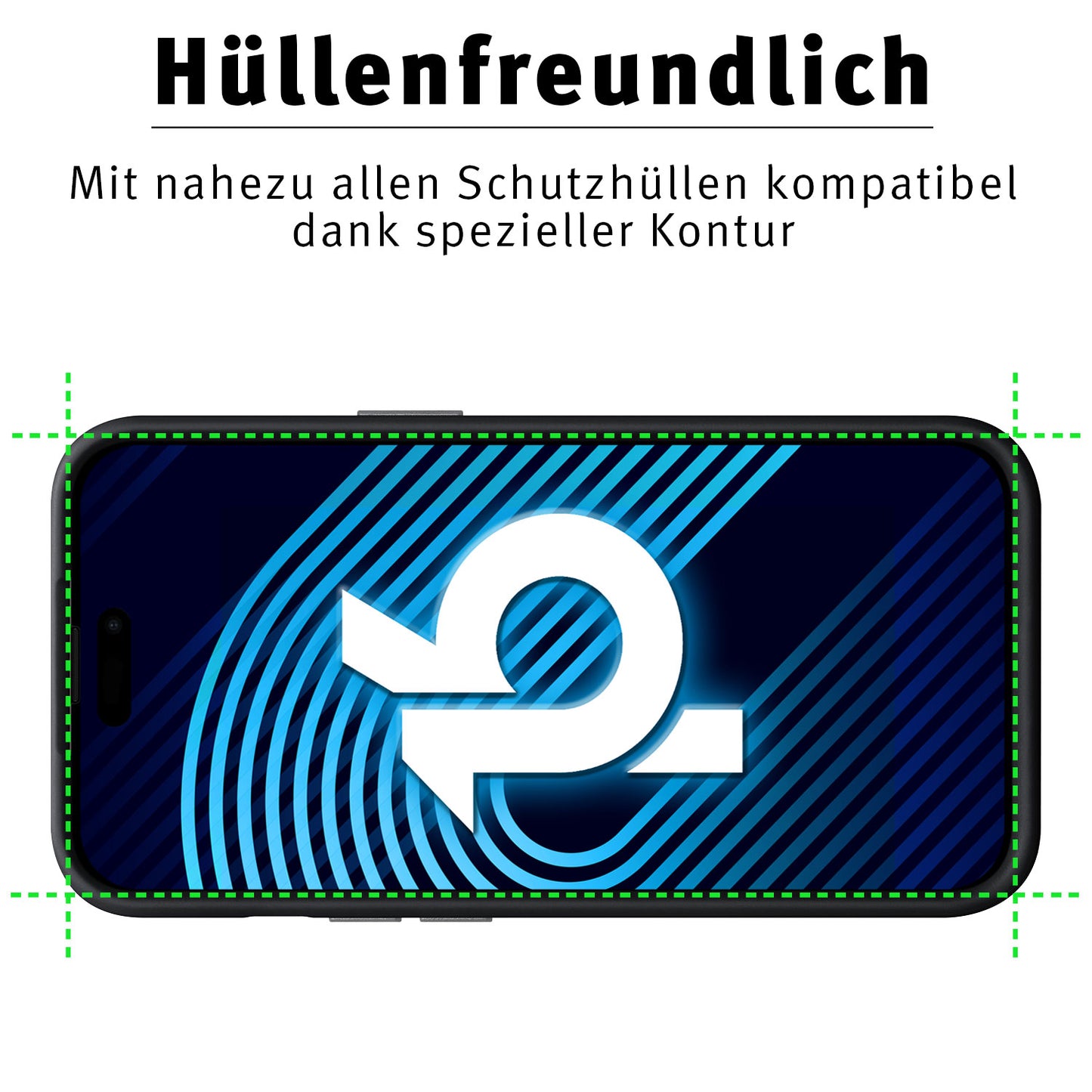 Der arktis iPhone 16 Plus Displayschutz GLAS von arktis verfügt über einen blau gemusterten Smartphone-Bildschirm mit grüner Umrandung und dem Text „Hüllenfreundlich“ auf Deutsch und bietet kratzfestes Glas für verbesserte Haltbarkeit.