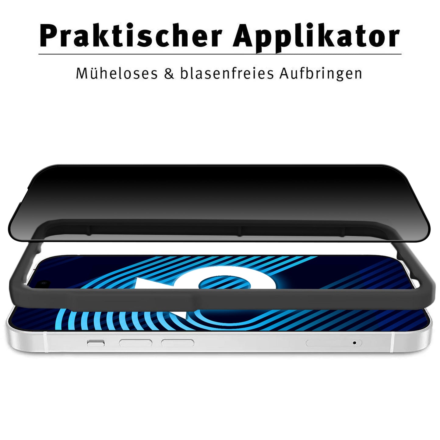 Applikator und Rahmen sind über einem iPhone abgebildet und demonstrieren die einfache und blasenfreie Montage des arktis iPhone 16e PRIVACY Displayschutz GLAS. Der deutsche Text hebt den praktischen Applikator für die mühelose Anwendung von arktis hervor.