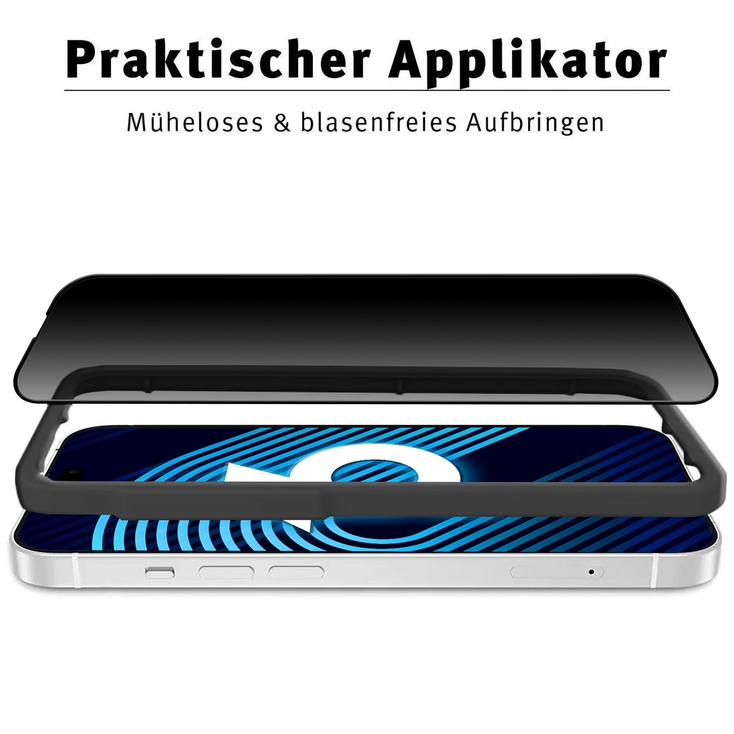 Applikator und Rahmen sind über einem iPhone abgebildet und demonstrieren die einfache und blasenfreie Montage des arktis iPhone 16e PRIVACY Displayschutz GLAS. Der deutsche Text hebt den praktischen Applikator für die mühelose Anwendung von arktis hervor.