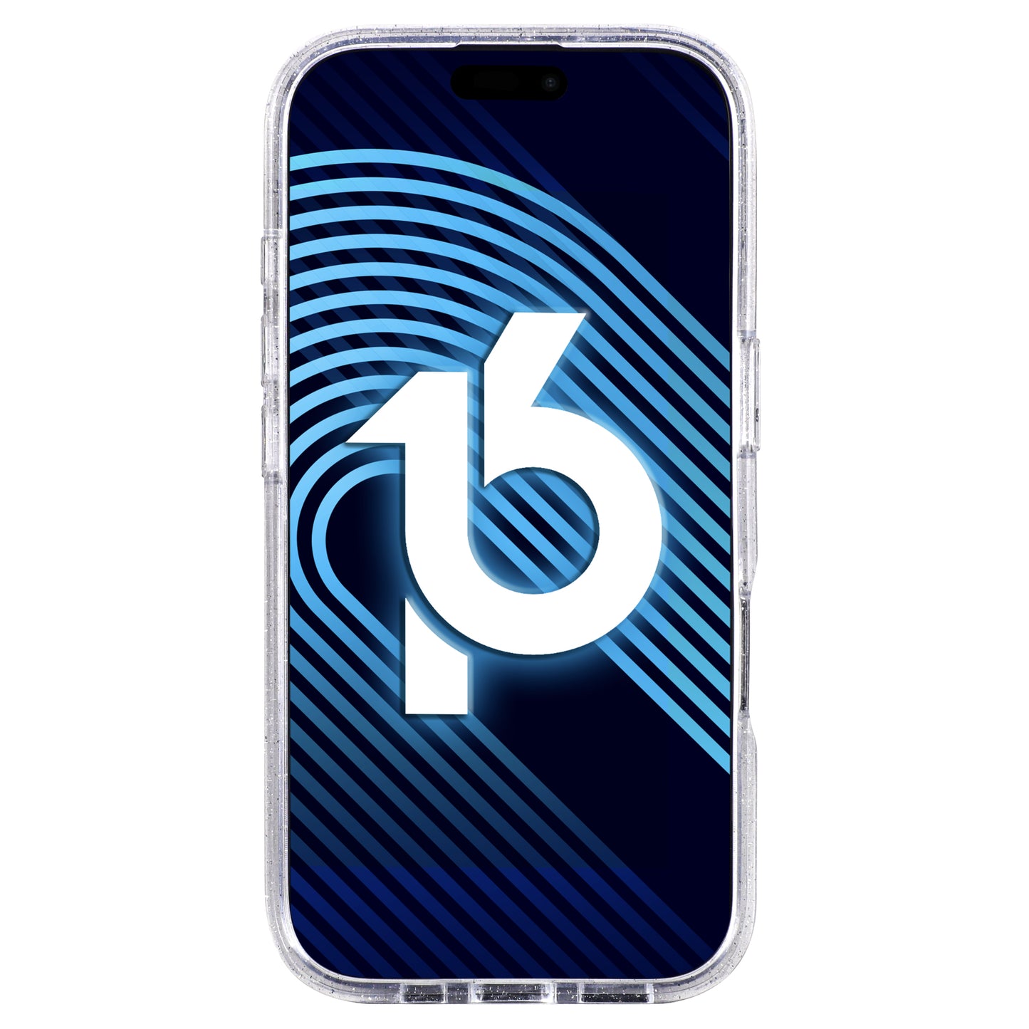 Das arktis iPhone 17 Pro Max Glitter Case von arktis verfügt über ein transparentes Design, das einen blau-schwarzen Hintergrund mit der Zahl 16 und geschwungenen blauen Linien zeigt und Ihrem Gerät eine stilvolle Note verleiht.