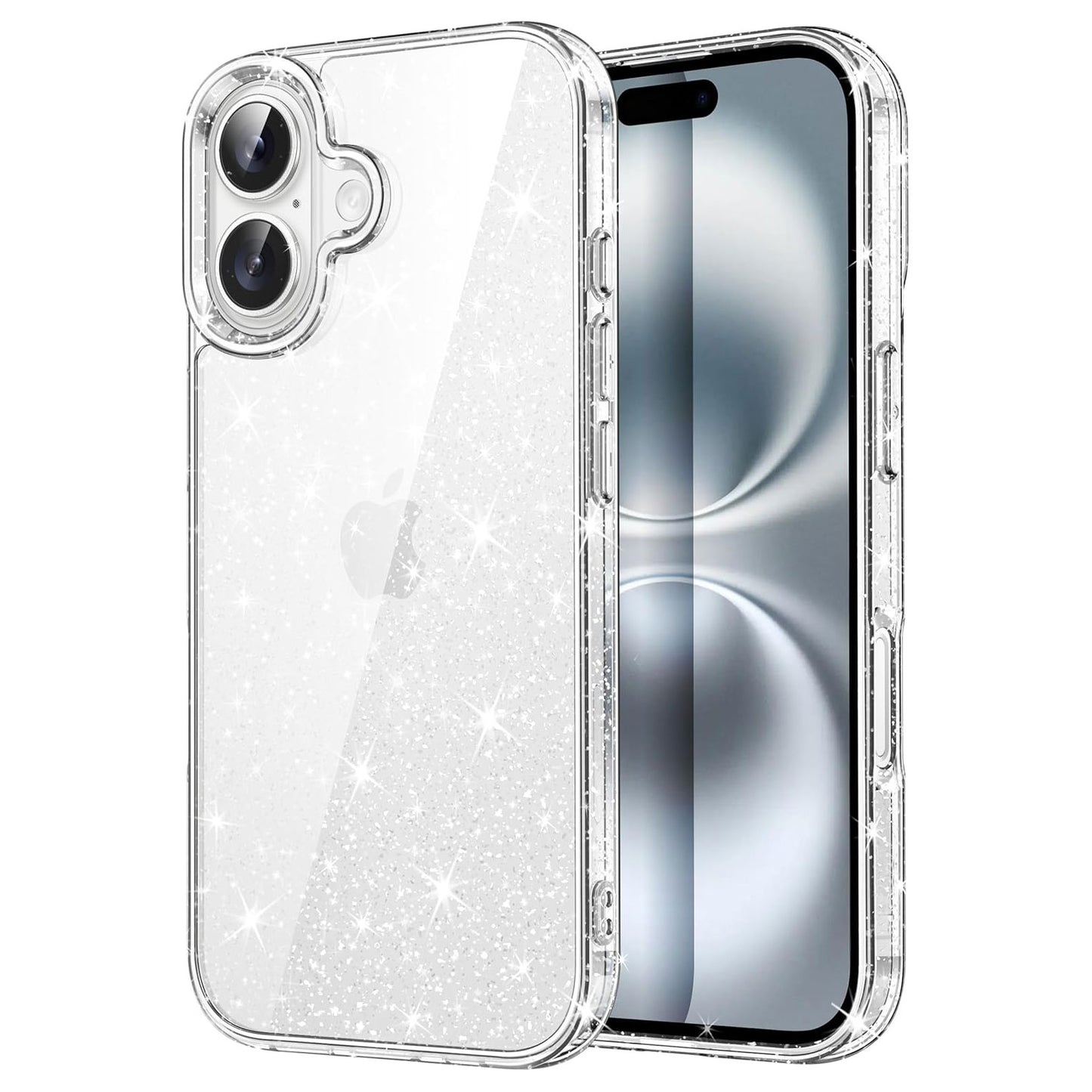 Das arktis iPhone 16 Plus Glitter Case von arktis schützt ein iPhone 16 Plus mit Dual-Kamera-System. Die Hülle bietet Kratzschutz, während auf dem Display des Telefons ein neutralgraues Hintergrundbild mit kreisförmigen Formen angezeigt wird.