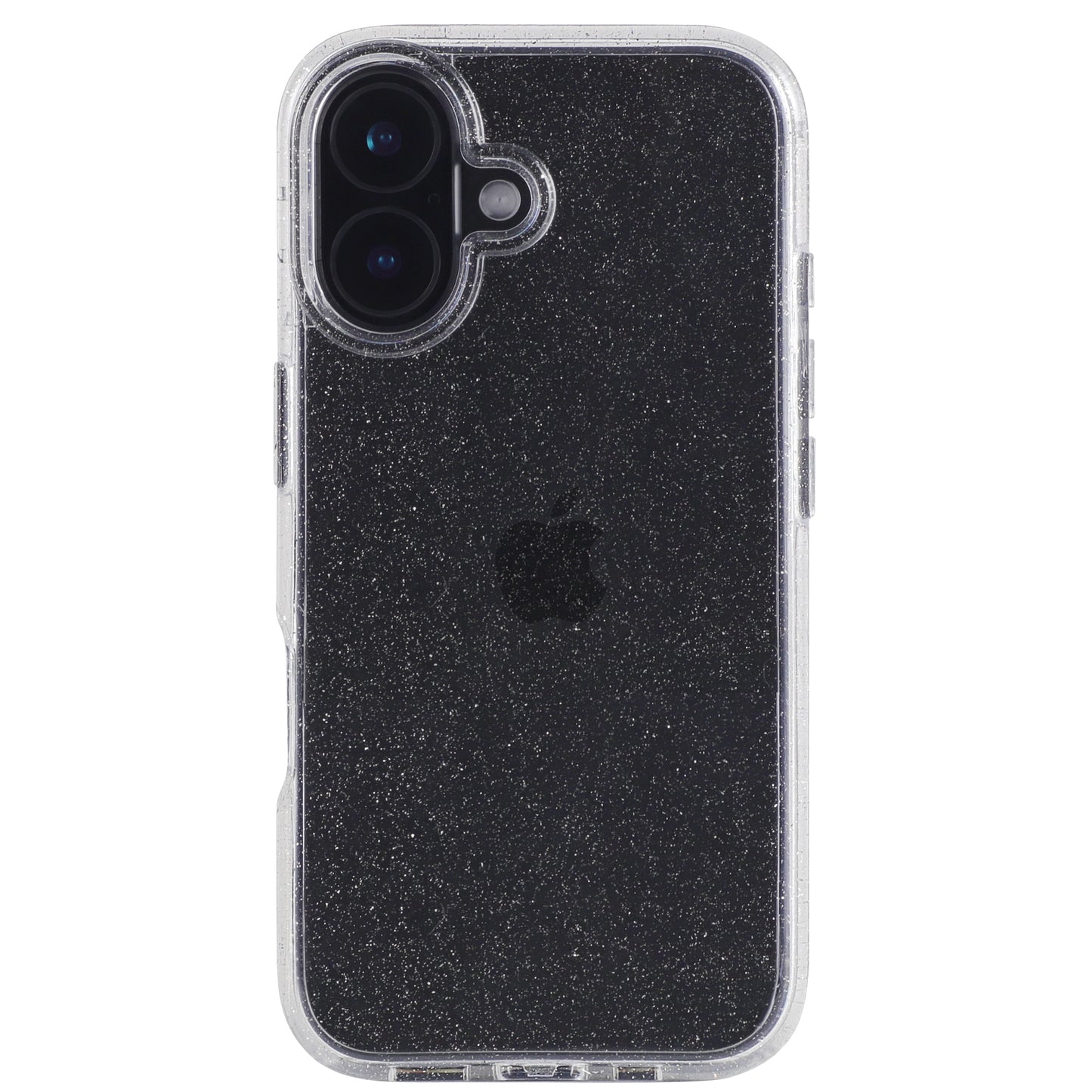 Das arktis iPhone 16 Plus Glitter Case von arktis präsentiert sich in Schwarz mit glitzerndem Finish und transparentem Rand und bietet Kratzschutz. Das Kameraobjektiv befindet sich oben links, und das Apple-Logo bleibt durch die stylische Hülle hindurch sichtbar.