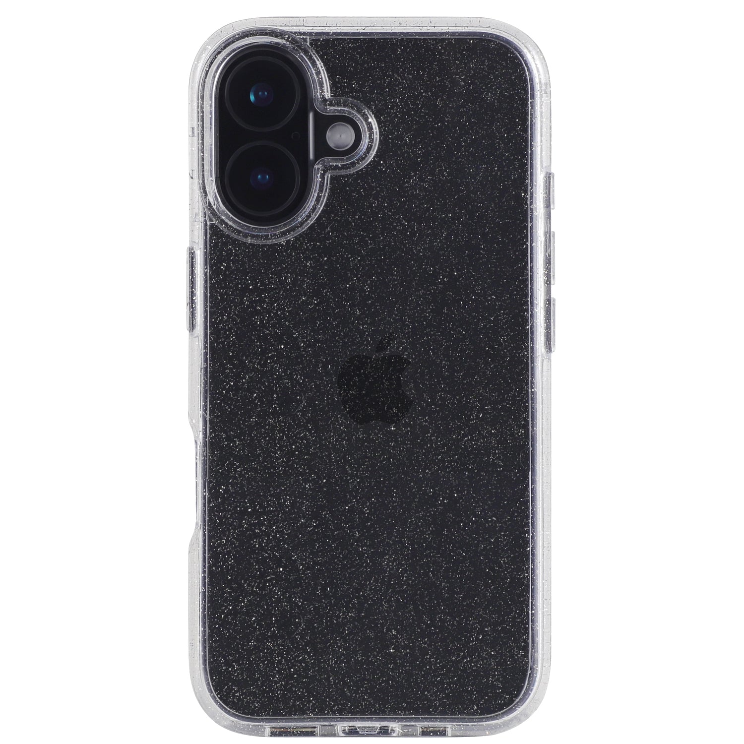 Das arktis iPhone 16 Plus Glitter Case von arktis präsentiert sich in Schwarz mit glitzerndem Finish und transparentem Rand und bietet Kratzschutz. Das Kameraobjektiv befindet sich oben links, und das Apple-Logo bleibt durch die stylische Hülle hindurch sichtbar.