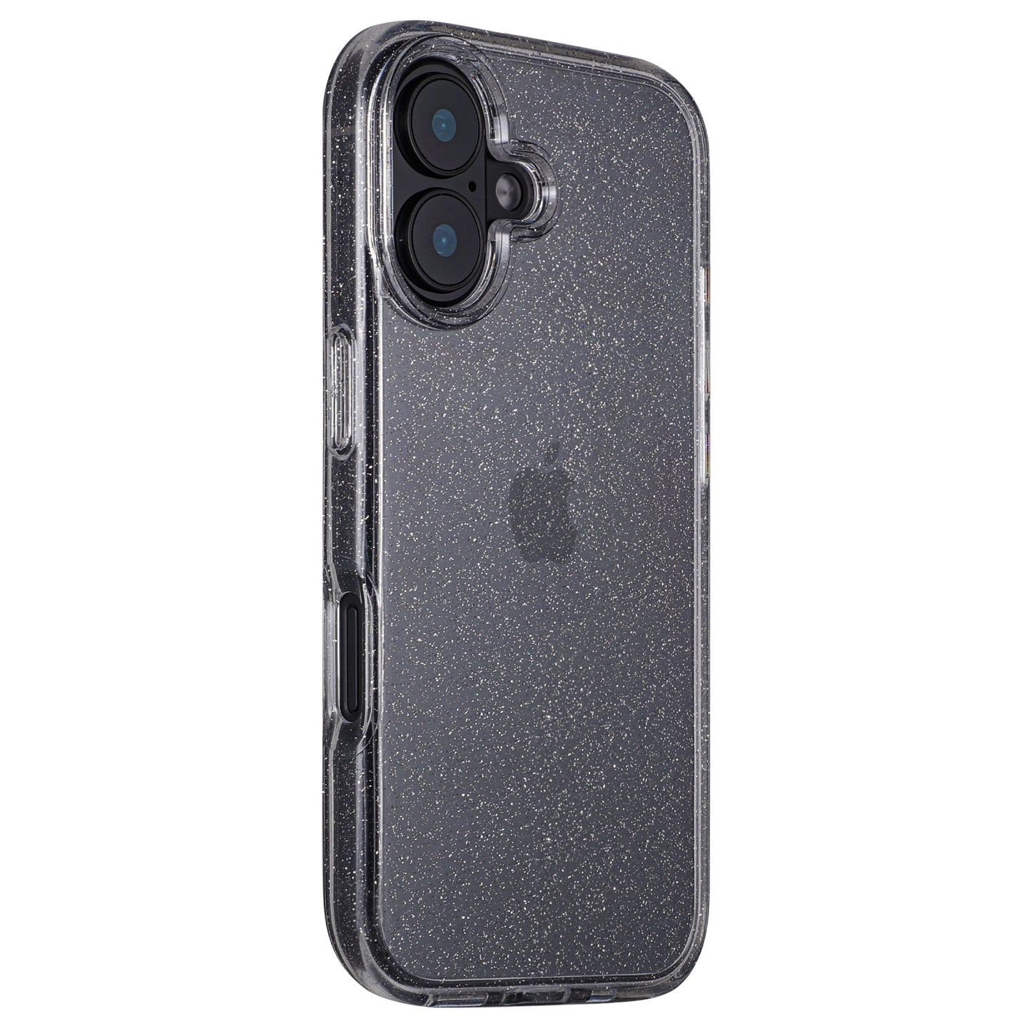 Das arktis iPhone 16 Plus Glitter Case ist eine transparente, glitzernde Hülle für ein Smartphone mit Dual-Kamera. Es schützt vor Kratzern, bietet präzise Aussparungen für Kamera, Tasten und Anschlüsse und lässt das Apple-Logo dezent auf der Rückseite durchscheinen.