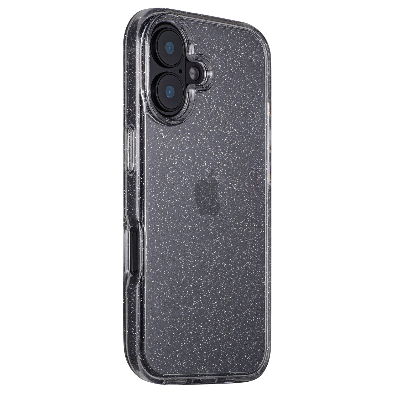 Das arktis iPhone 16 Plus Glitter Case ist eine transparente, glitzernde Hülle für ein Smartphone mit Dual-Kamera. Es schützt vor Kratzern, bietet präzise Aussparungen für Kamera, Tasten und Anschlüsse und lässt das Apple-Logo dezent auf der Rückseite durchscheinen.