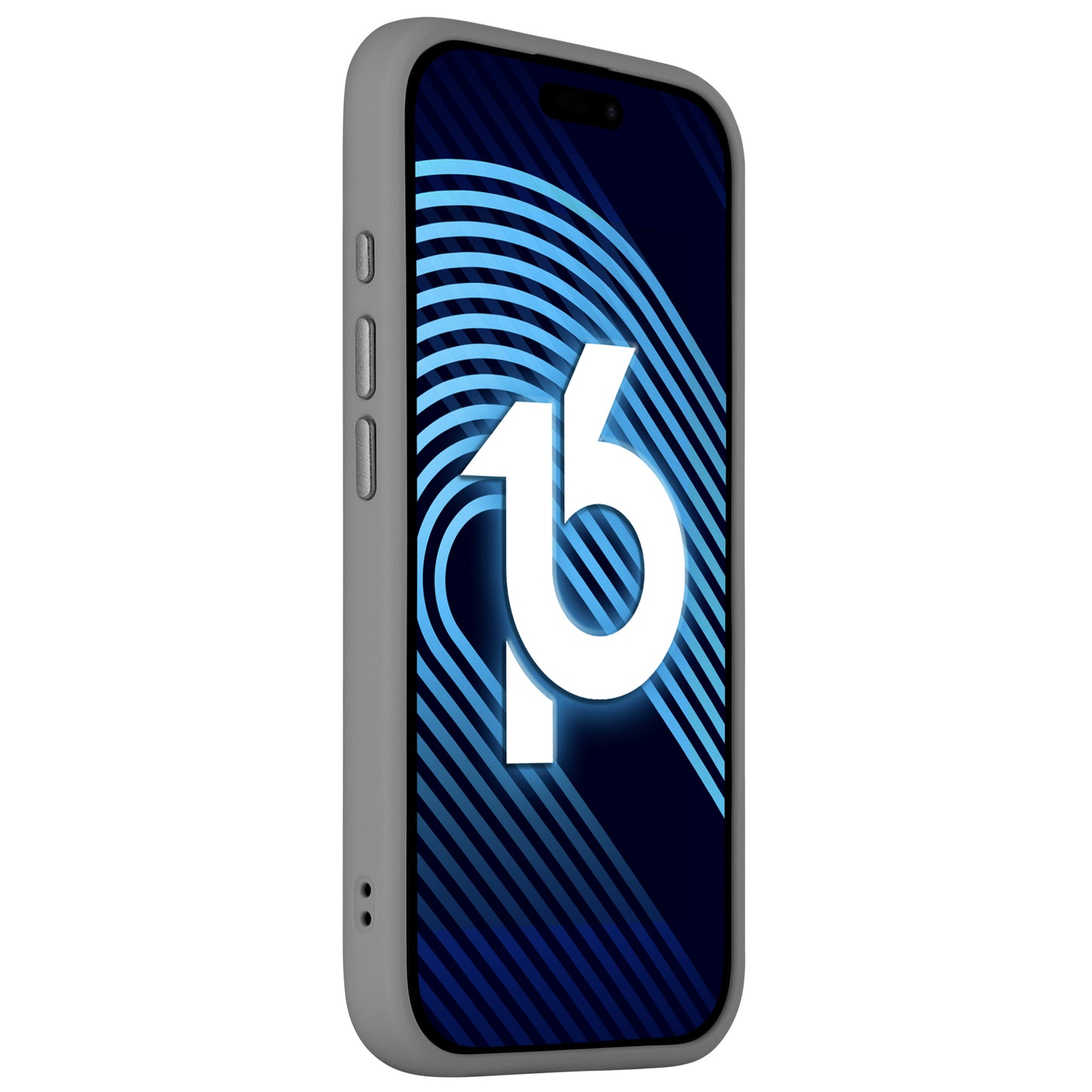 Ein Smartphone mit einem Arktis iPhone 16 Solid Case in minimalistisch-mattem Grau zeigt auf seinem Bildschirm ein blaues abstraktes Design und die Zahl 16.