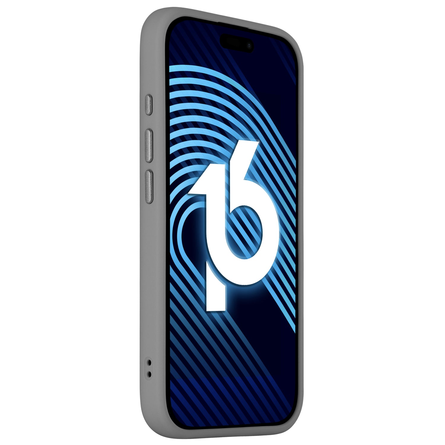 Ein Smartphone mit einem Arktis iPhone 16 Solid Case in minimalistisch-mattem Grau zeigt auf seinem Bildschirm ein blaues abstraktes Design und die Zahl 16.