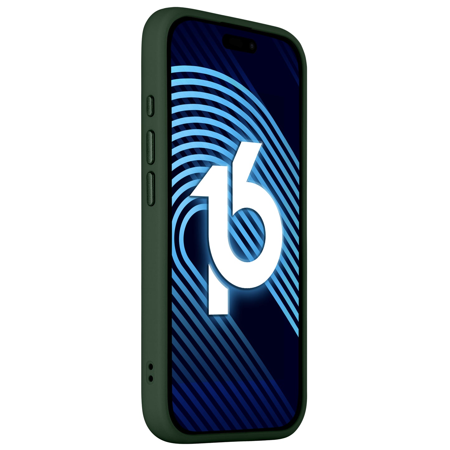 Das Arktis iPhone 16 Solid Case von Arktis schützt dein iPhone 16 mit einer minimalistischen, matten Hülle in Dunkelgrün und blauen abstrakten Mustern sowie einem großen 16 auf dem Display.