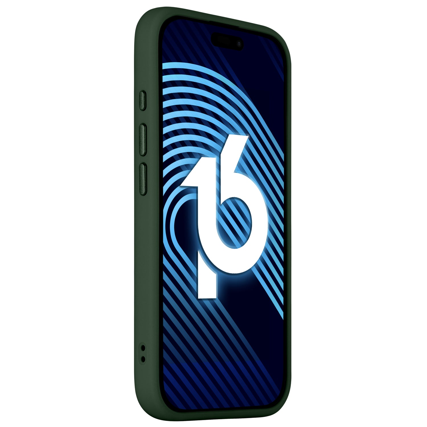 Das Arktis iPhone 16 Solid Case von Arktis schützt dein iPhone 16 mit einer minimalistischen, matten Hülle in Dunkelgrün und blauen abstrakten Mustern sowie einem großen 16 auf dem Display.