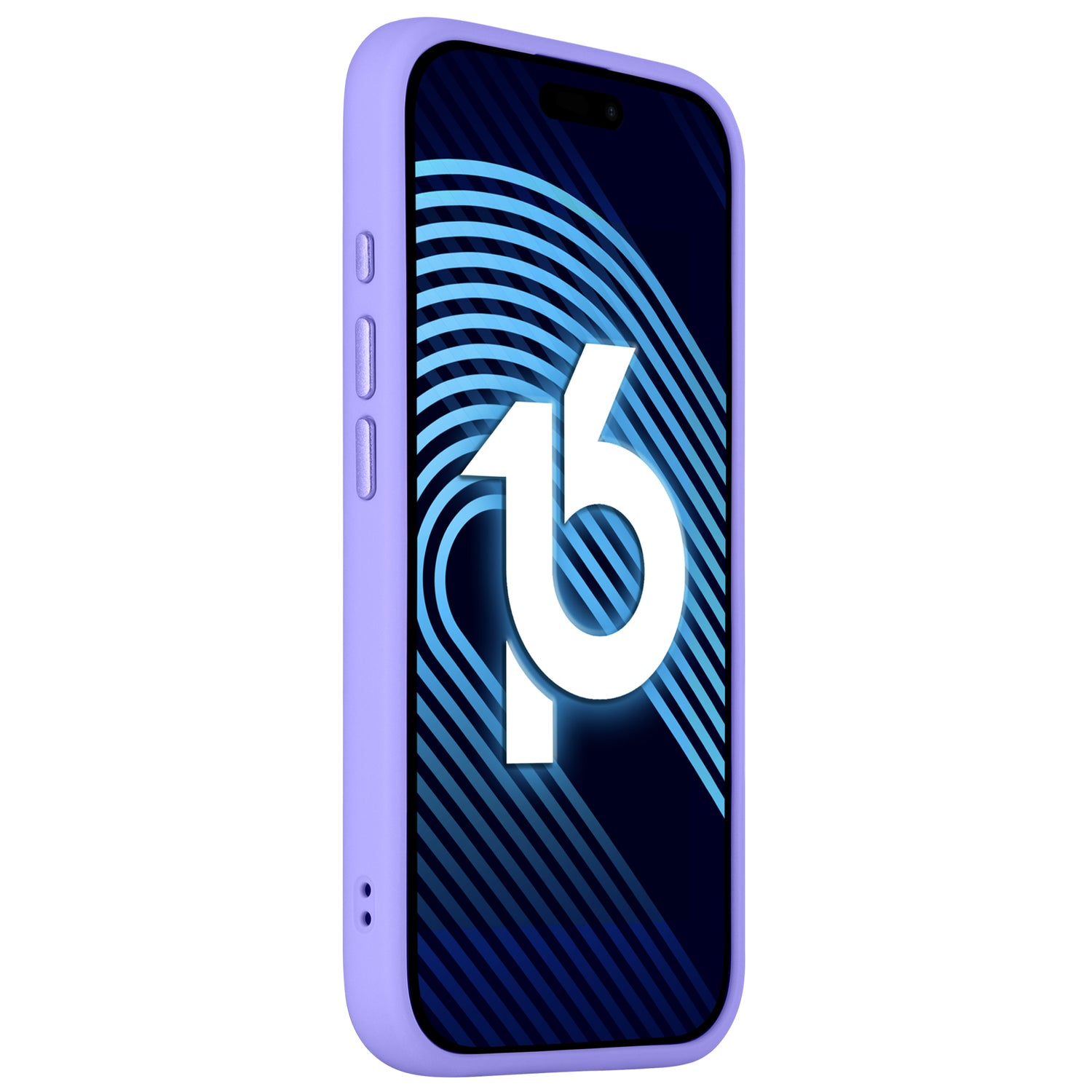 Das Arktis iPhone 16 Solid Case von Arktis verfügt über stoßabsorbierendes TPU-Silikon in einem minimalistischen Matt-Look, dargestellt auf einem lila Telefon mit einem blau-weißen abstrakten Design mit der Zahl 16 – die ideale Hülle fürs iPhone 16.