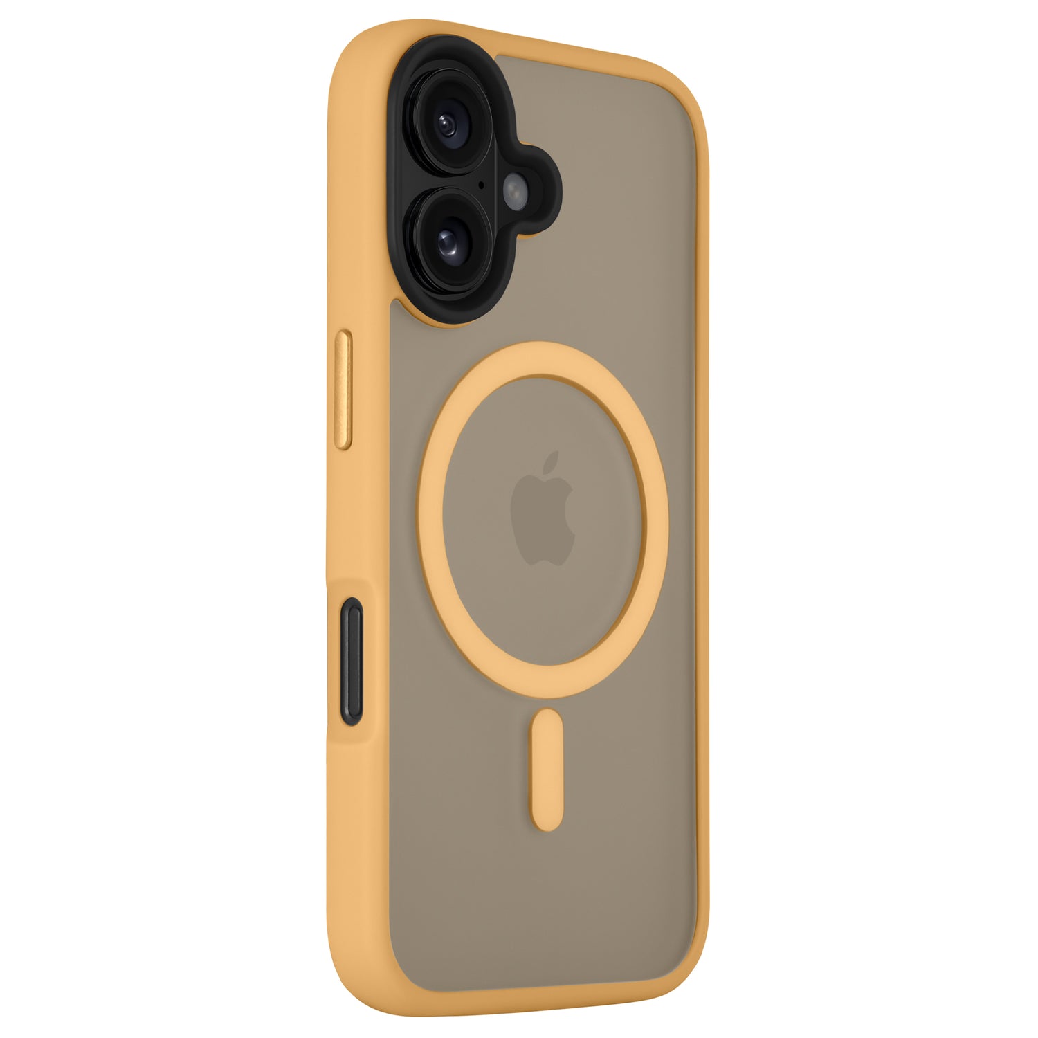 Das Arktis iPhone 16 Plus Solid Case verfügt über einen gelben Rand, einen MagSafe-Ring, ein Apple-Logo auf einer transparenten grauen Rückseite, stoßdämpfendes TPU-Silikon zum Schutz und einen minimalistischen, matten Look.
