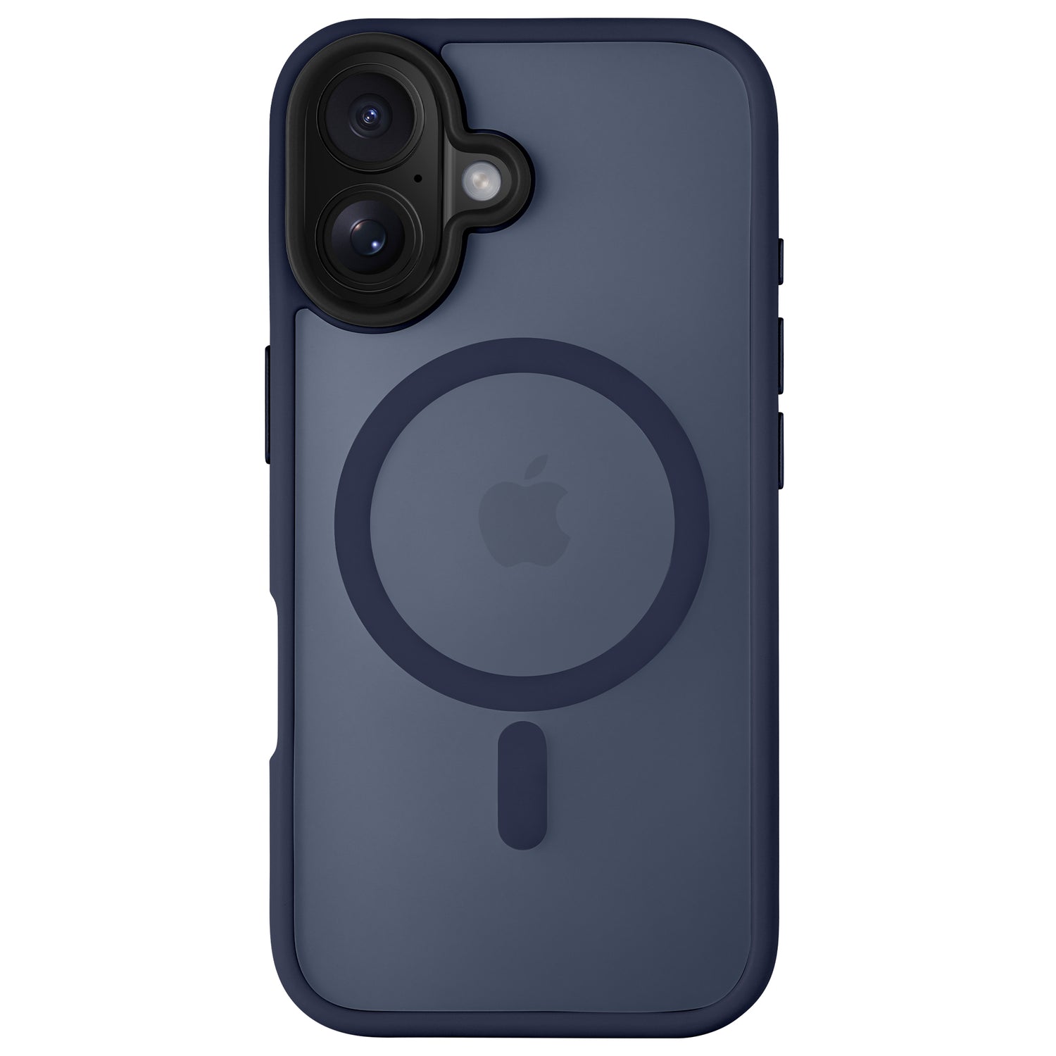 Das Arktis iPhone 16 Solid Case von Arktis in Marineblau verfügt über einen MagSafe-Ring, ein Apple-Logo, stoßdämpfendes TPU-Silikon und einen minimalistischen, matten Look – abgebildet auf der Rückseite des Telefons.