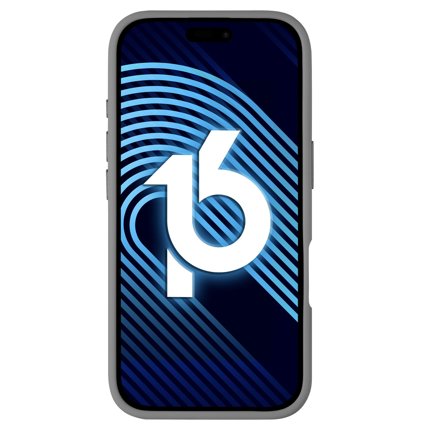 Das Arktis iPhone 16 Plus Solid Case zeigt eine kräftige „16“ mit blauen diagonalen Linien auf einem dunklen, minimalistischen Hintergrund und verfügt über einen eleganten Matt-Look, der vom iPhone 16 Plus inspiriert ist.