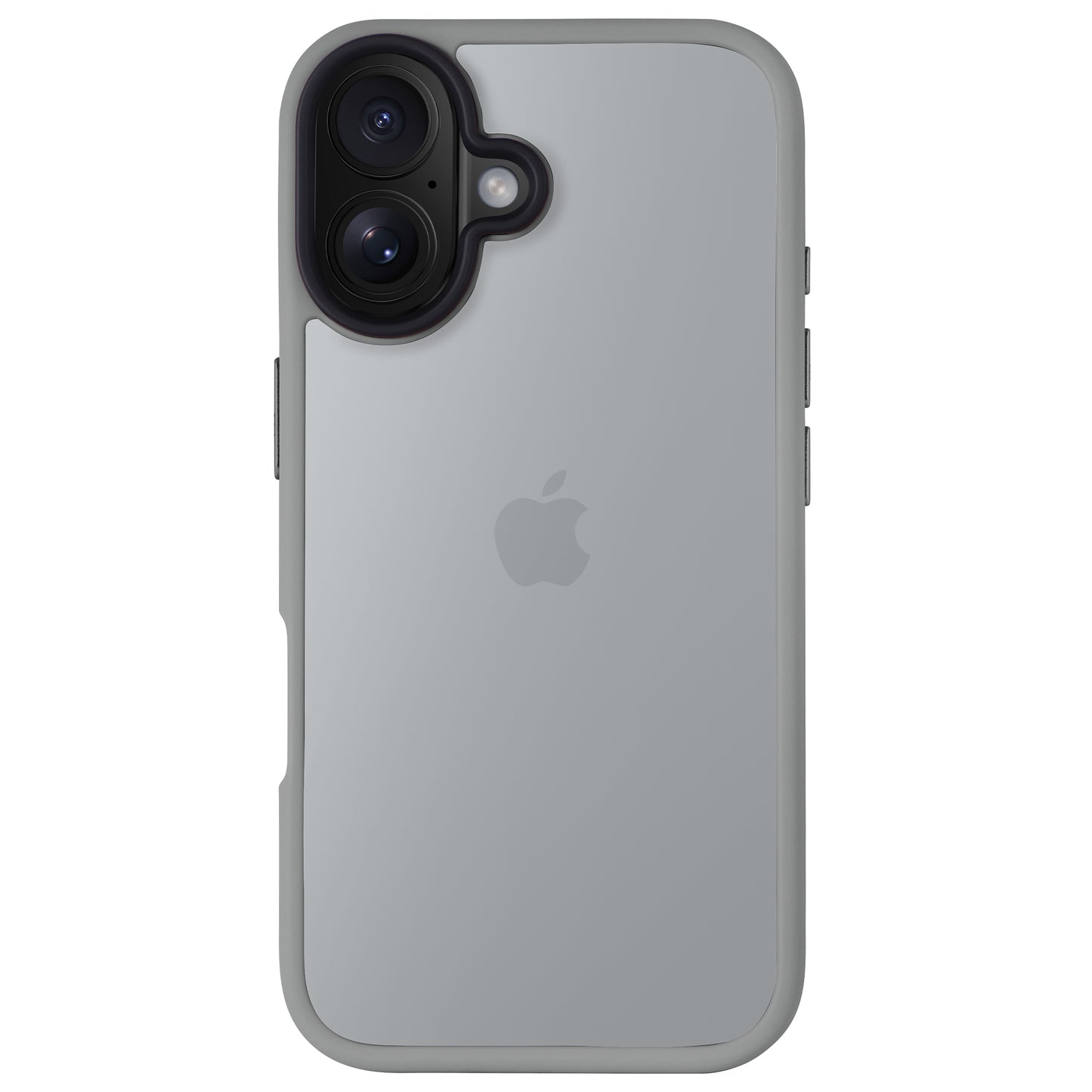 Ein silbernes iPhone mit Doppelkamera und Apple-Logo, von hinten gezeigt in einem Arktis iPhone 16 Solid Case mit minimalistischer matter Optik und stoßdämpfendem TPU-Silikon.
