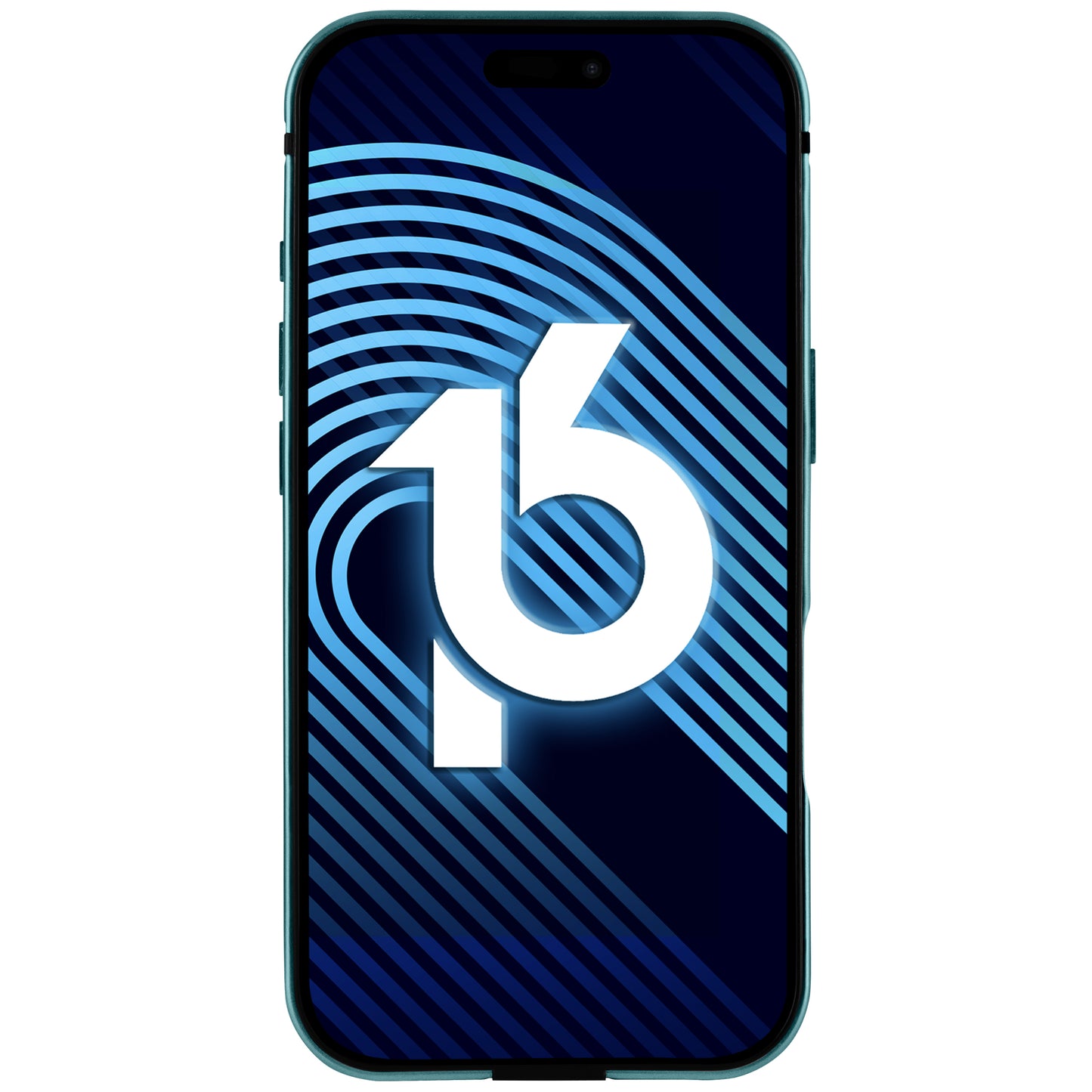 Der arktis iPhone 16 Plus Bumper von arktis schützt Ihr Smartphone, das eine stilisierte blaue Zahl 16 mit geschwungenen Linien auf dunklem Hintergrund zeigt.