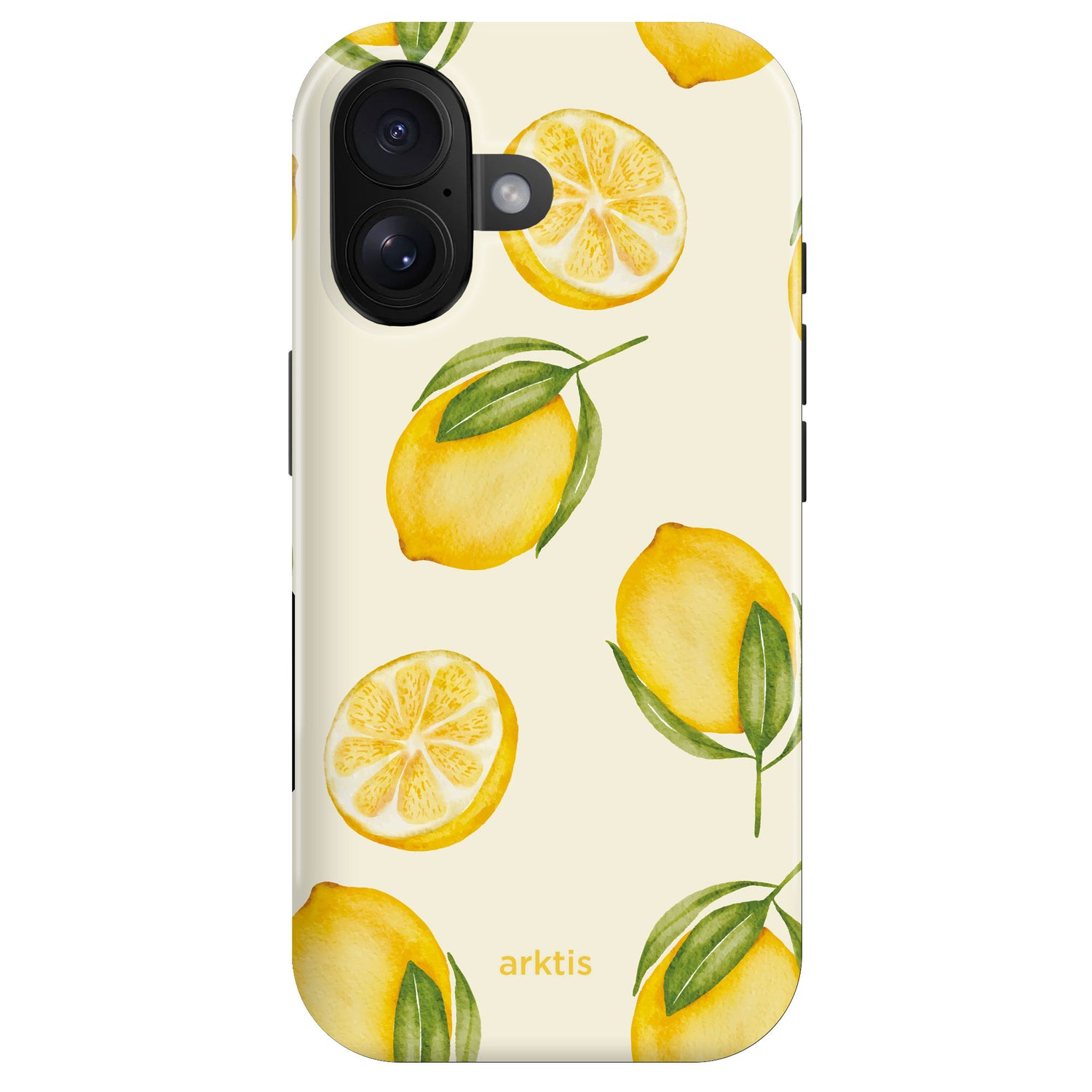 Das arktis iPhone 16 Plus Fashion Case – Lemon besticht durch ein gelbes Zitronen- und Zitronenscheiben-Design auf hellem Hintergrund, besteht aus robustem Polycarbonat und trägt den Schriftzug „arktis“ auf der Unterseite. Perfekt für den stilvollen Schutz Ihres iPhone 16 Plus.