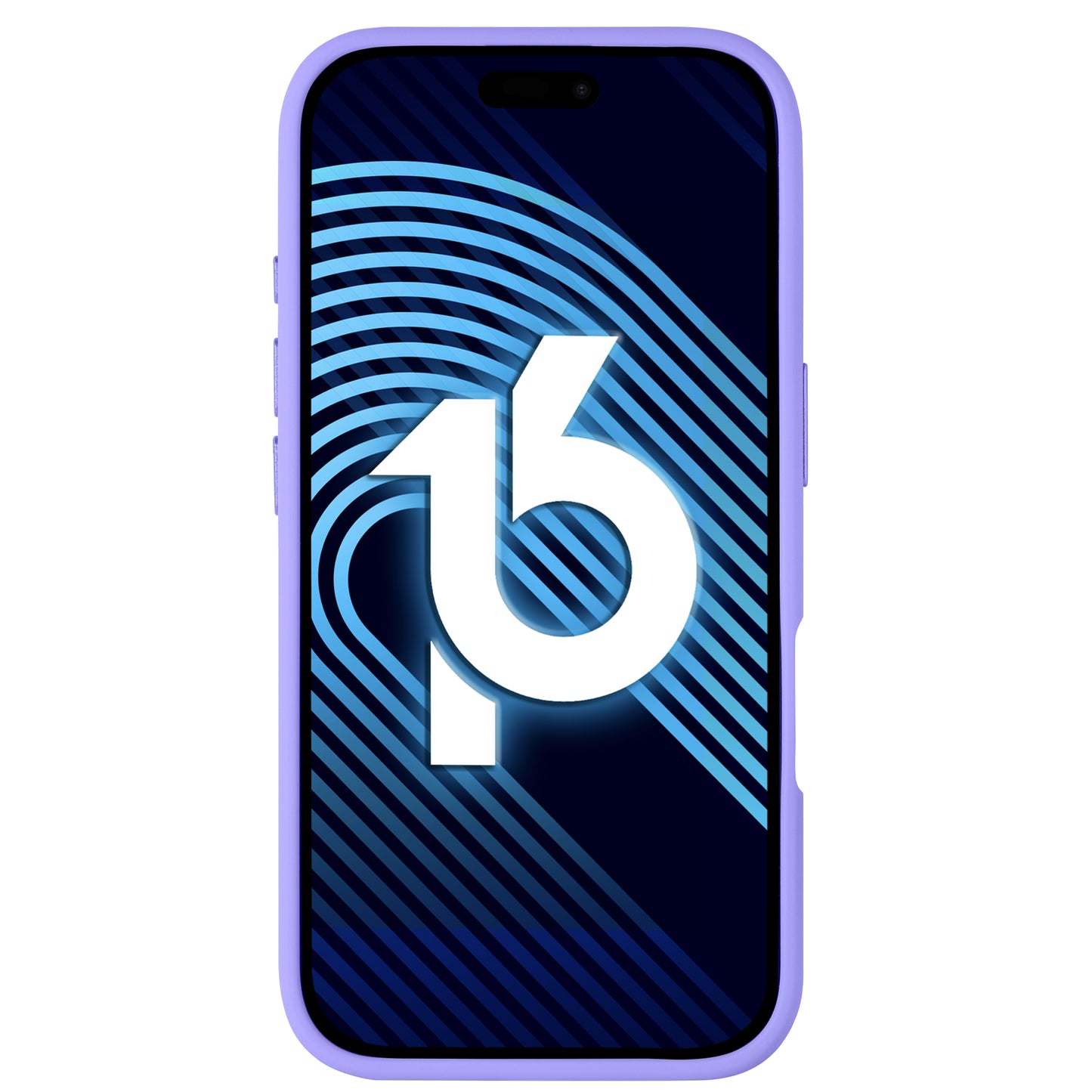 Ein iPhone, das durch das Arktis iPhone 16 Solid Case in Blau geschützt ist, zeigt auf seinem Bildschirm eine stilisierte 16 und geschwungene blaue Linien und verfügt über einen minimalistischen, matten Look.