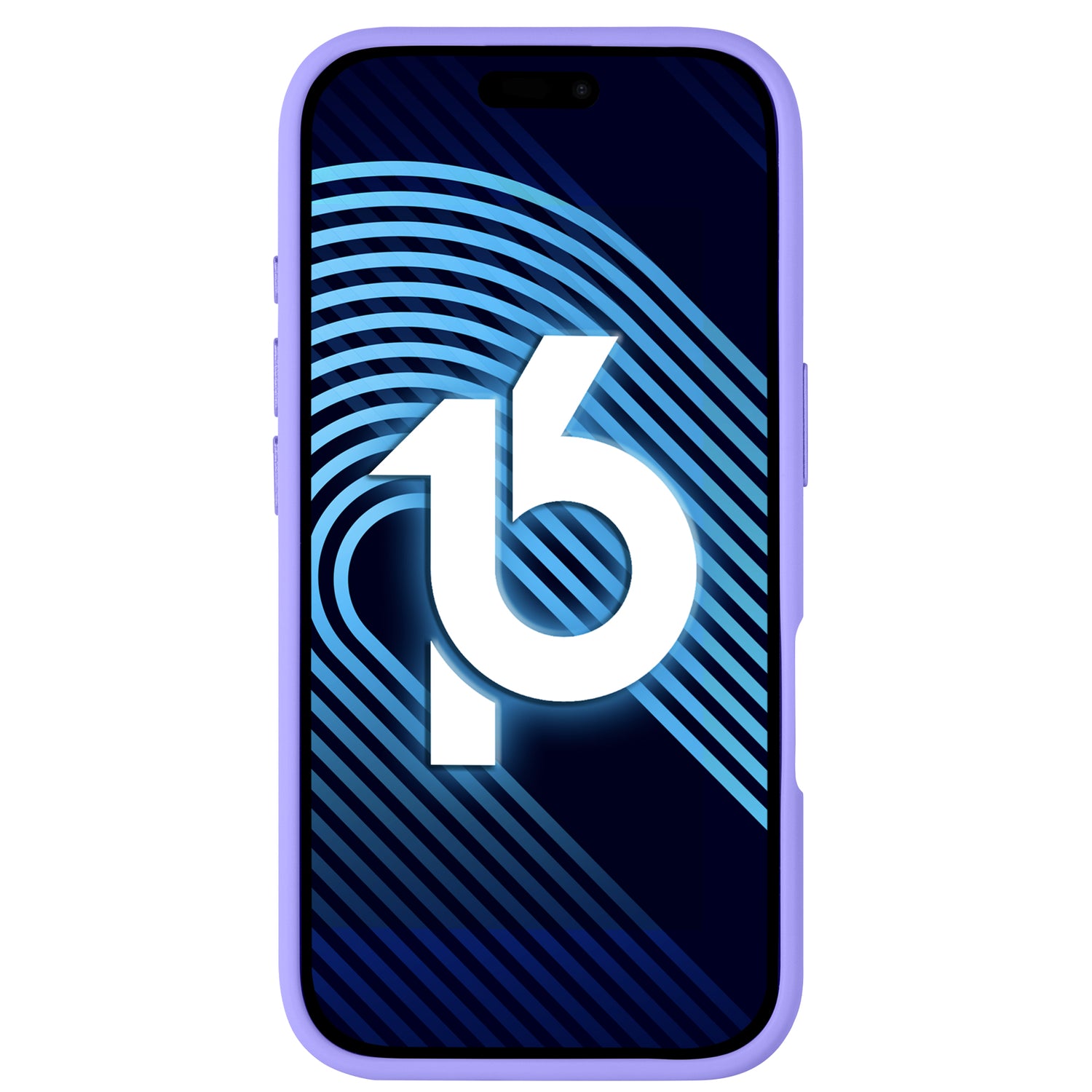 Ein iPhone, das durch das Arktis iPhone 16 Solid Case in Blau geschützt ist, zeigt auf seinem Bildschirm eine stilisierte 16 und geschwungene blaue Linien und verfügt über einen minimalistischen, matten Look.
