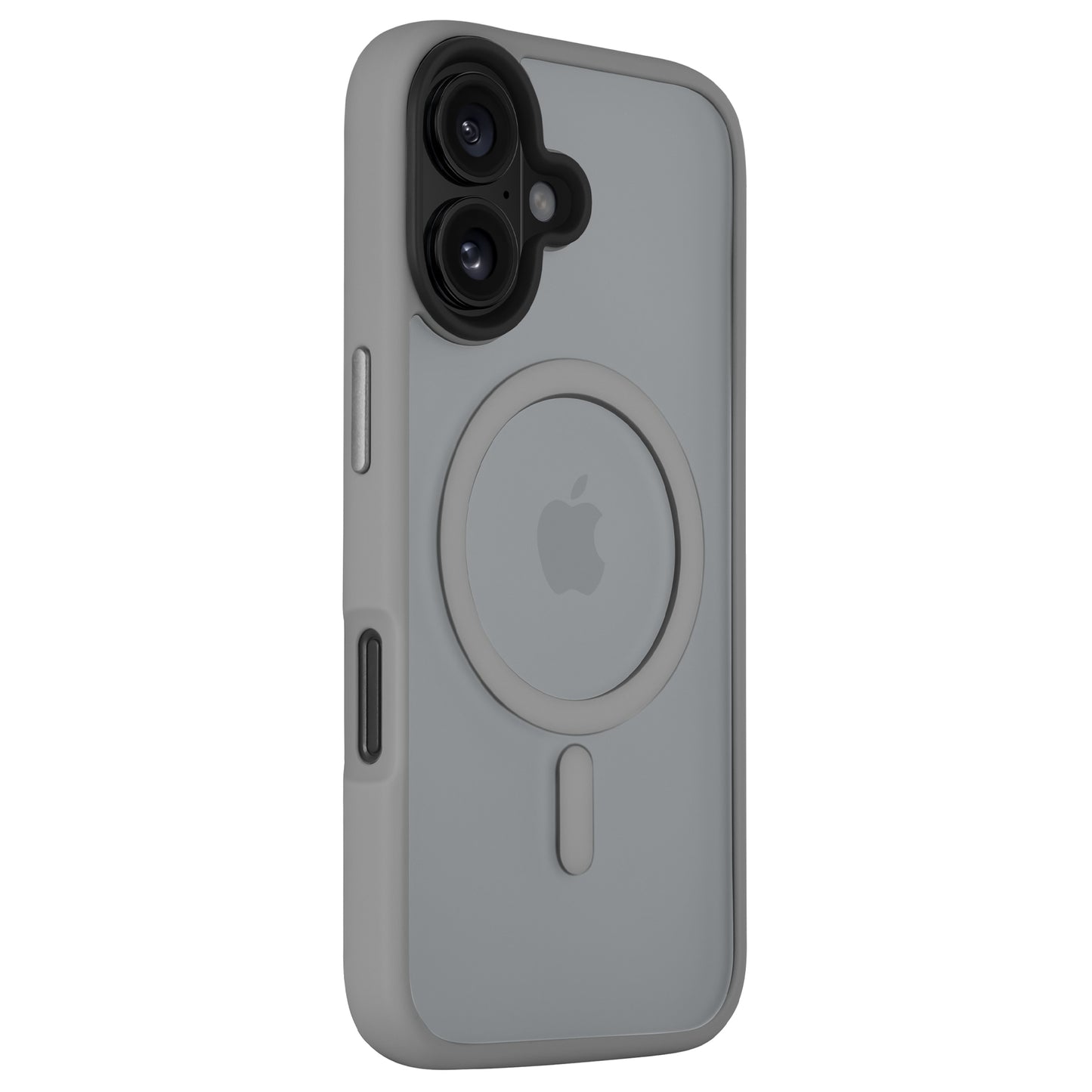 Das Arktis arktis iPhone 16 Plus Solid Case in Grau verfügt über einen MagSafe-Ring, das Apple-Logo und einen minimalistischen, matten Look, der aus einem Winkel gezeigt wird, der den Kameraausschnitt betont.