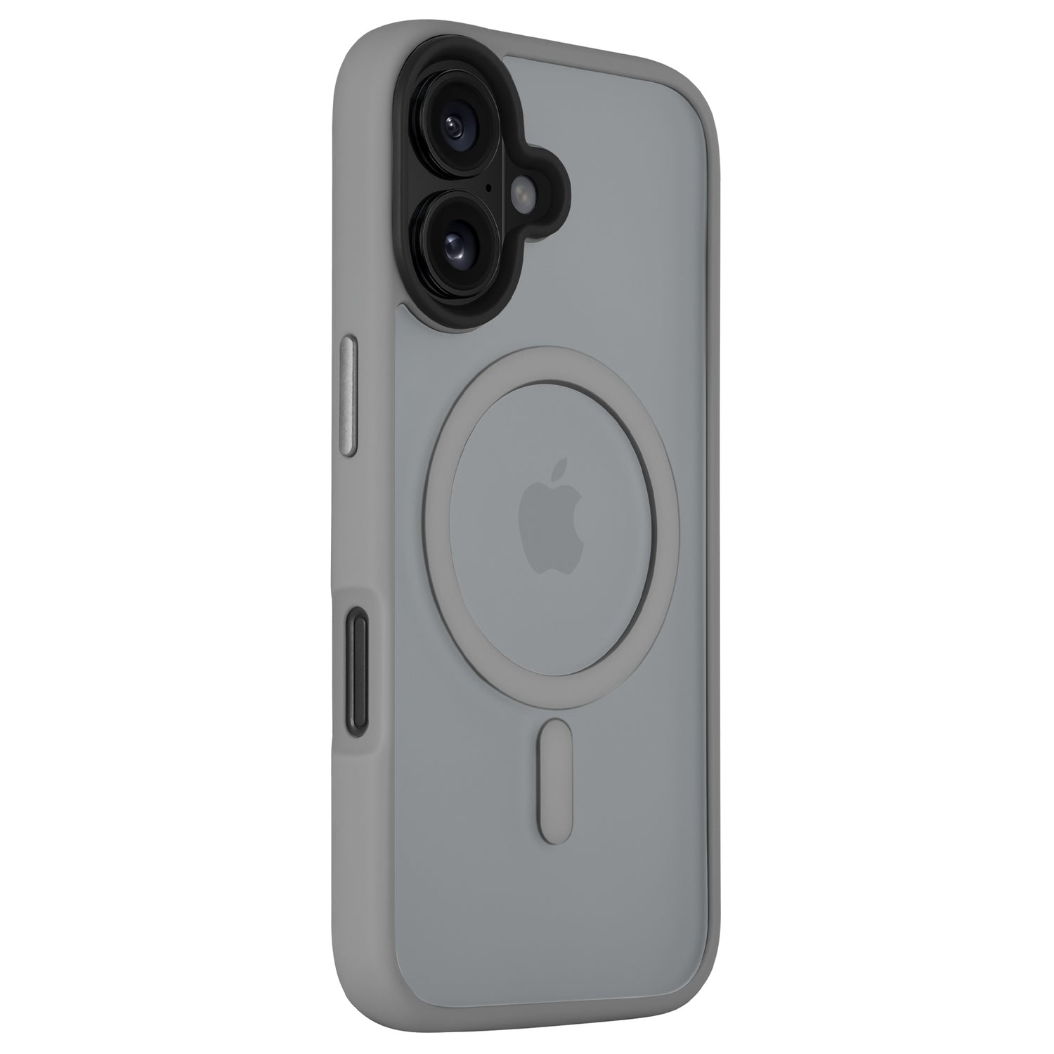 Das Arktis arktis iPhone 16 Plus Solid Case in Grau verfügt über einen MagSafe-Ring, das Apple-Logo und einen minimalistischen, matten Look, der aus einem Winkel gezeigt wird, der den Kameraausschnitt betont.