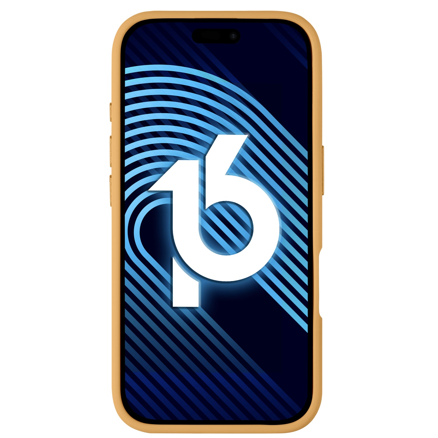 Ein iPhone 16 Plus in einem Arktis iPhone 16 Plus Solid Case mit einem minimalistischen, matten Look in Hellbraun zeigt auf seinem Bildschirm ein blaues abstraktes Muster mit einer fetten weißen „16“.