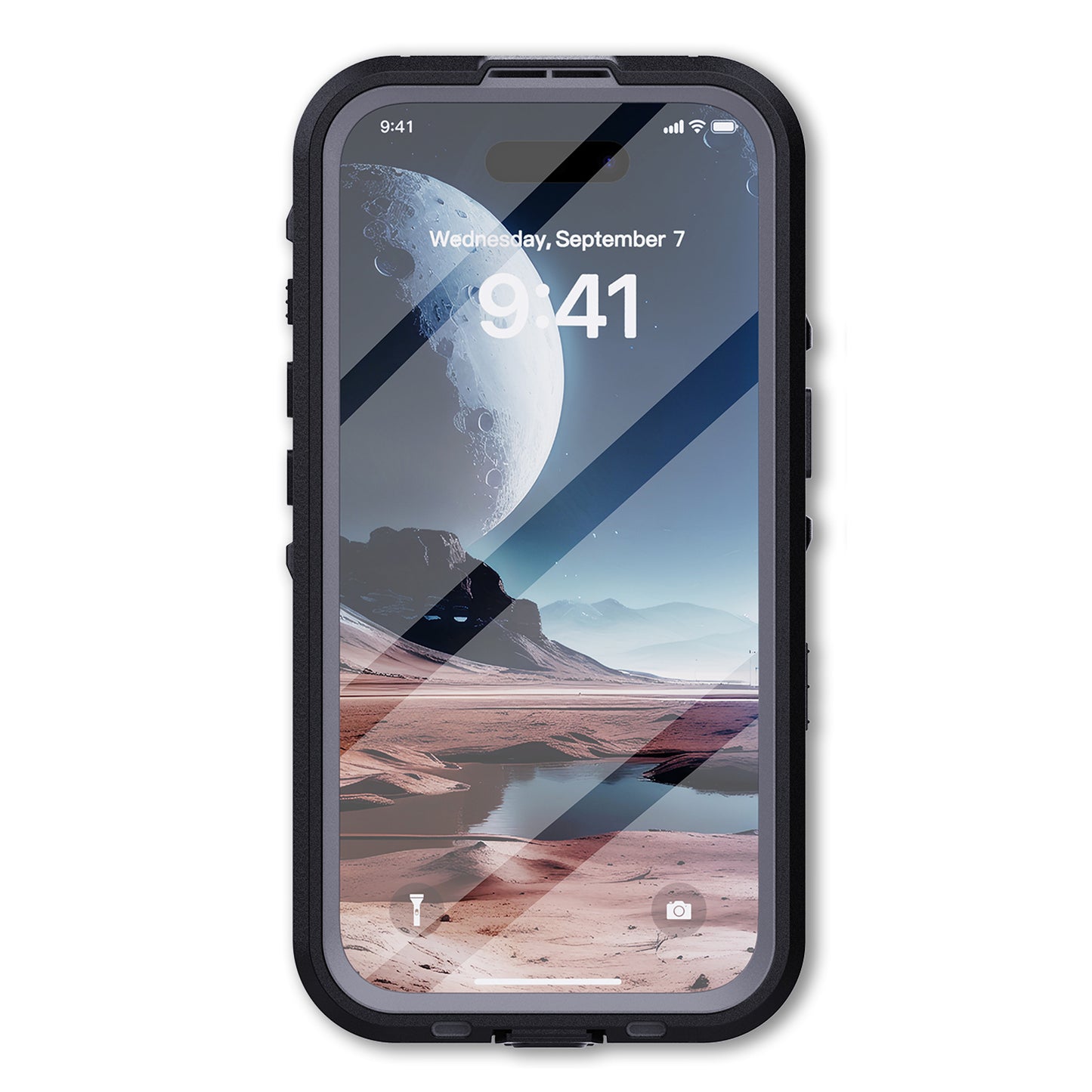 Ein arktis iPhone 16 Plus Wasserdichtes Actioncase in stoßfestem Schwarz schützt ein Smartphone, dessen Sperrbildschirm eine mondbeschienene Wüstenlandschaft zeigt.