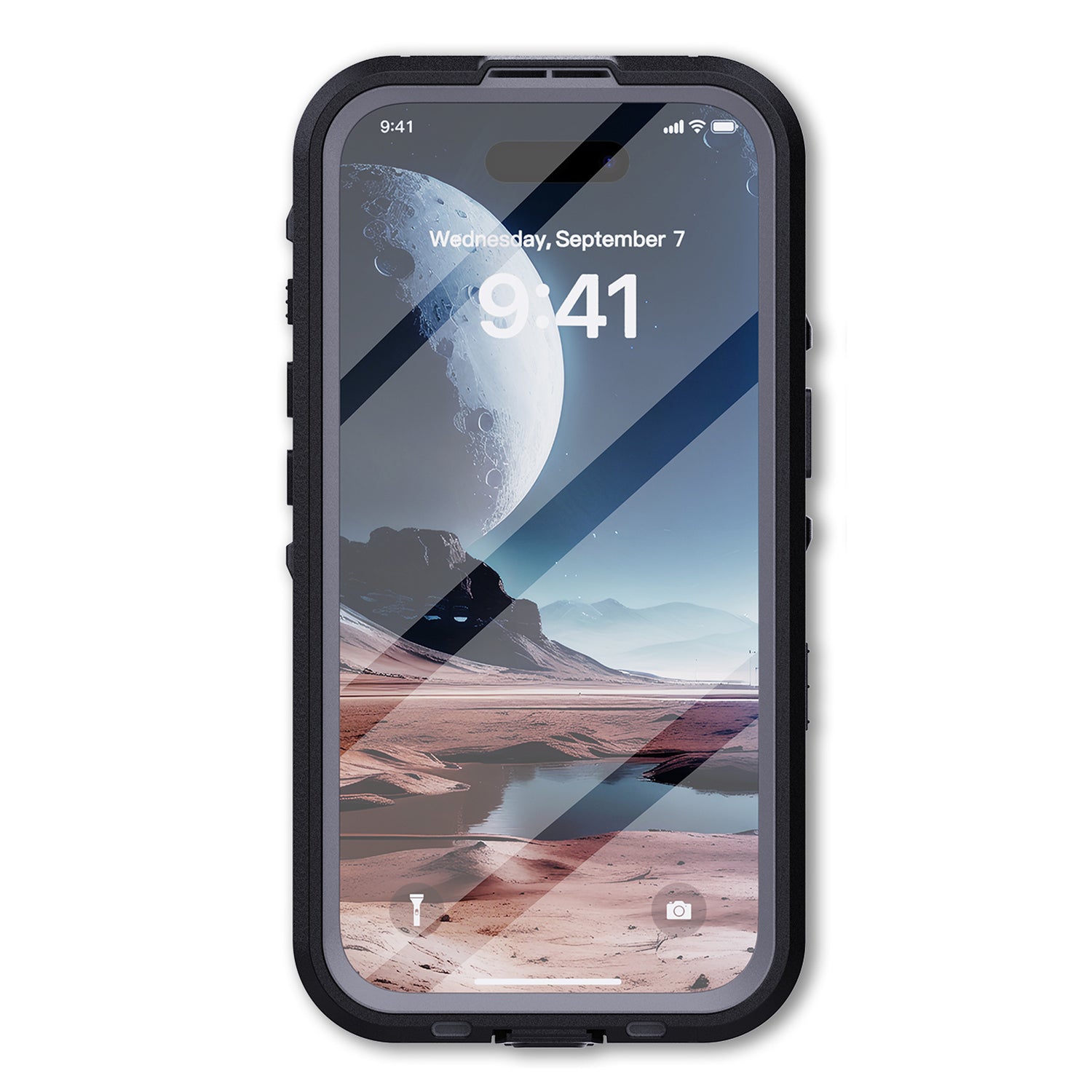 Ein arktis iPhone 16 Plus Wasserdichtes Actioncase in stoßfestem Schwarz schützt ein Smartphone, dessen Sperrbildschirm eine mondbeschienene Wüstenlandschaft zeigt.