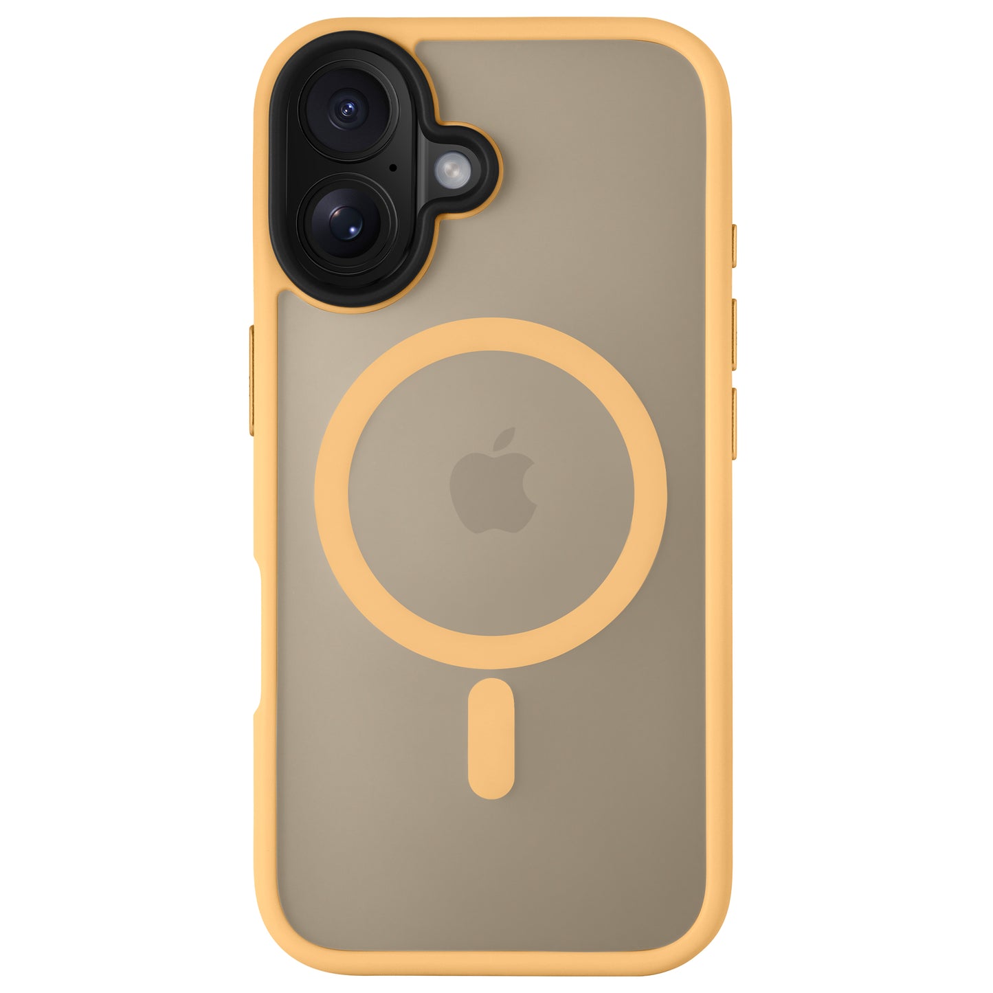 Das Arktis iPhone 16 Plus Solid Case von Arktis ist eine beige Hülle im matten Minimal-Look mit orangefarbenen Rändern, stoßabsorbierendem TPU-Silikon und stilvollem MagSafe-Symbol auf der Rückseite.