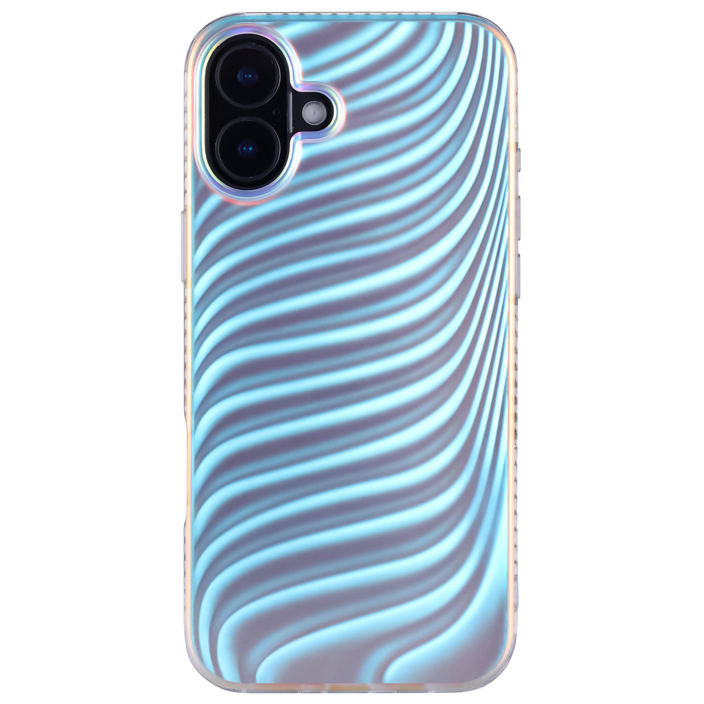 Die arktis iPhone 16 Hülle „Pearl“ von arktis verfügt über ein wellenförmiges, schillernd blaues Perlmutt-Style-Design mit einer Aussparung für eine Doppelkamera und besteht aus flexiblem TPU-Silikon.