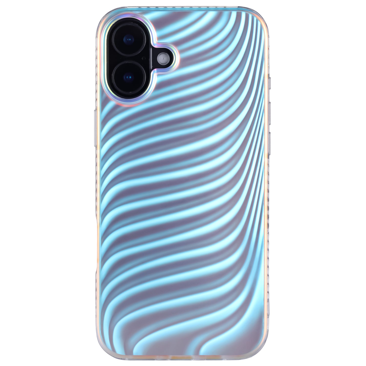 Die arktis iPhone 16 Hülle „Pearl“ von arktis verfügt über ein wellenförmiges, schillernd blaues Perlmutt-Style-Design mit einer Aussparung für eine Doppelkamera und besteht aus flexiblem TPU-Silikon.