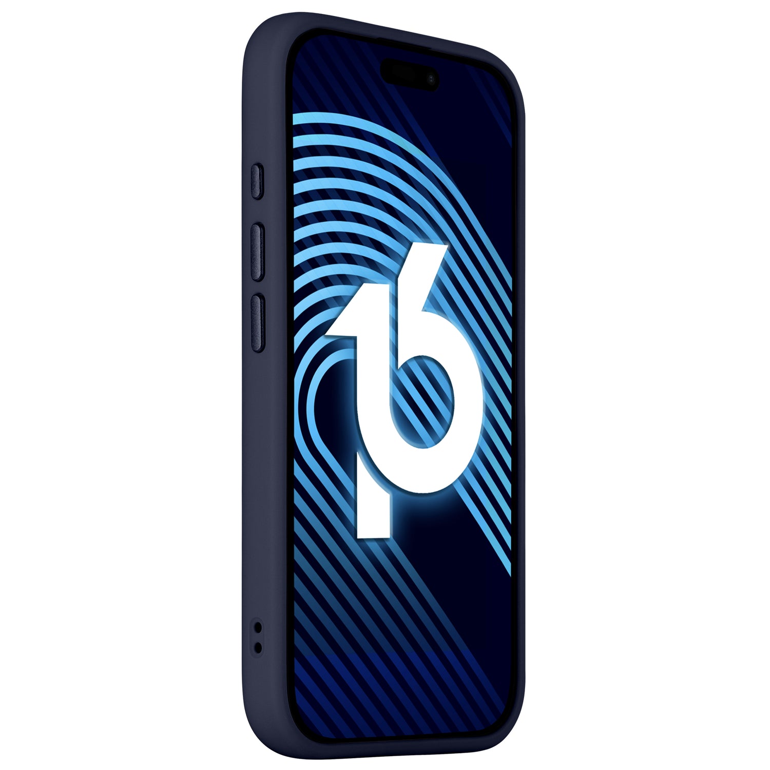 Ein iPhone 16 im Arktis iPhone 16 Solid Case von Arktis im minimalistischen Matt-Look zeigt auf seinem Display eine blau-weiße Grafik mit der Zahl 16.