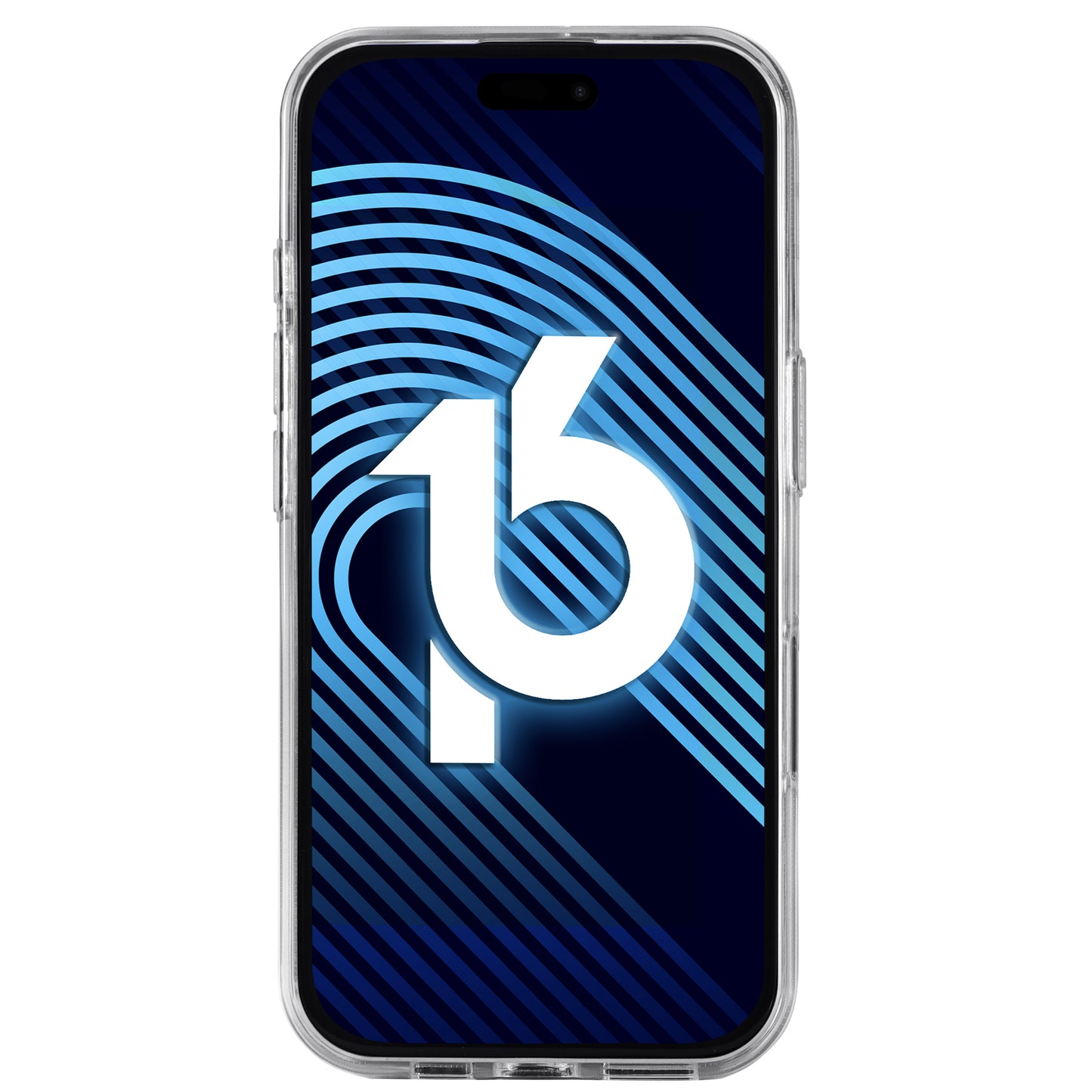 Das arktis iPhone 16 Air Case ultradünn von arktis zeigt ein Smartphone mit transparentem, ultradünnem Gehäuse und dunkelblauem Display mit einer großen weißen „16“ über geschwungenen und diagonalen blauen Linien.