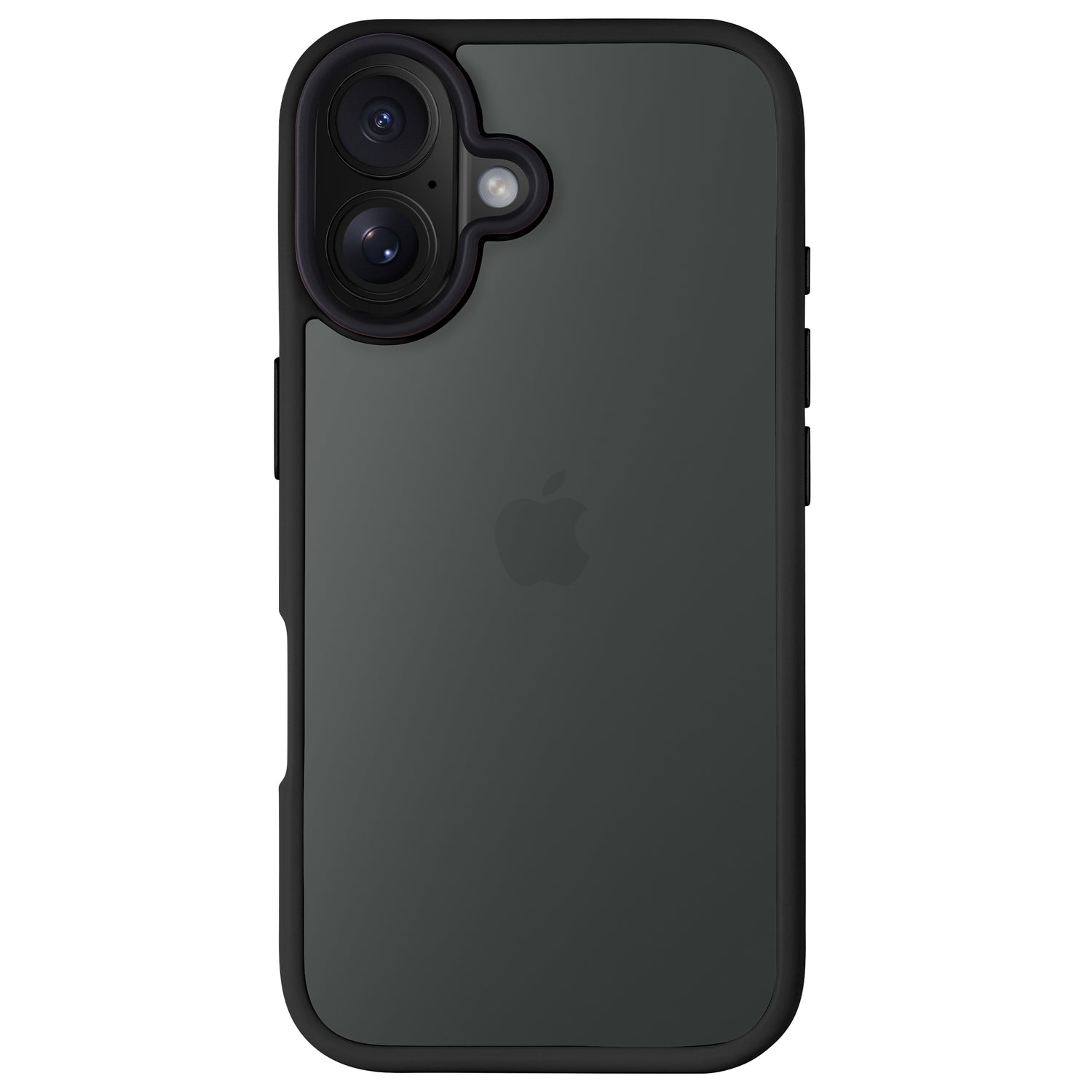 Das Arktis arktis iPhone 16 Solid Case in Schwarz mit zwei Kameras auf der Rückseite und einem zentrierten Apple-Logo verfügt über einen stoßdämpfenden TPU-Silikon-Rahmen und eine Rückseite aus Polycarbonat auf weißem Hintergrund.