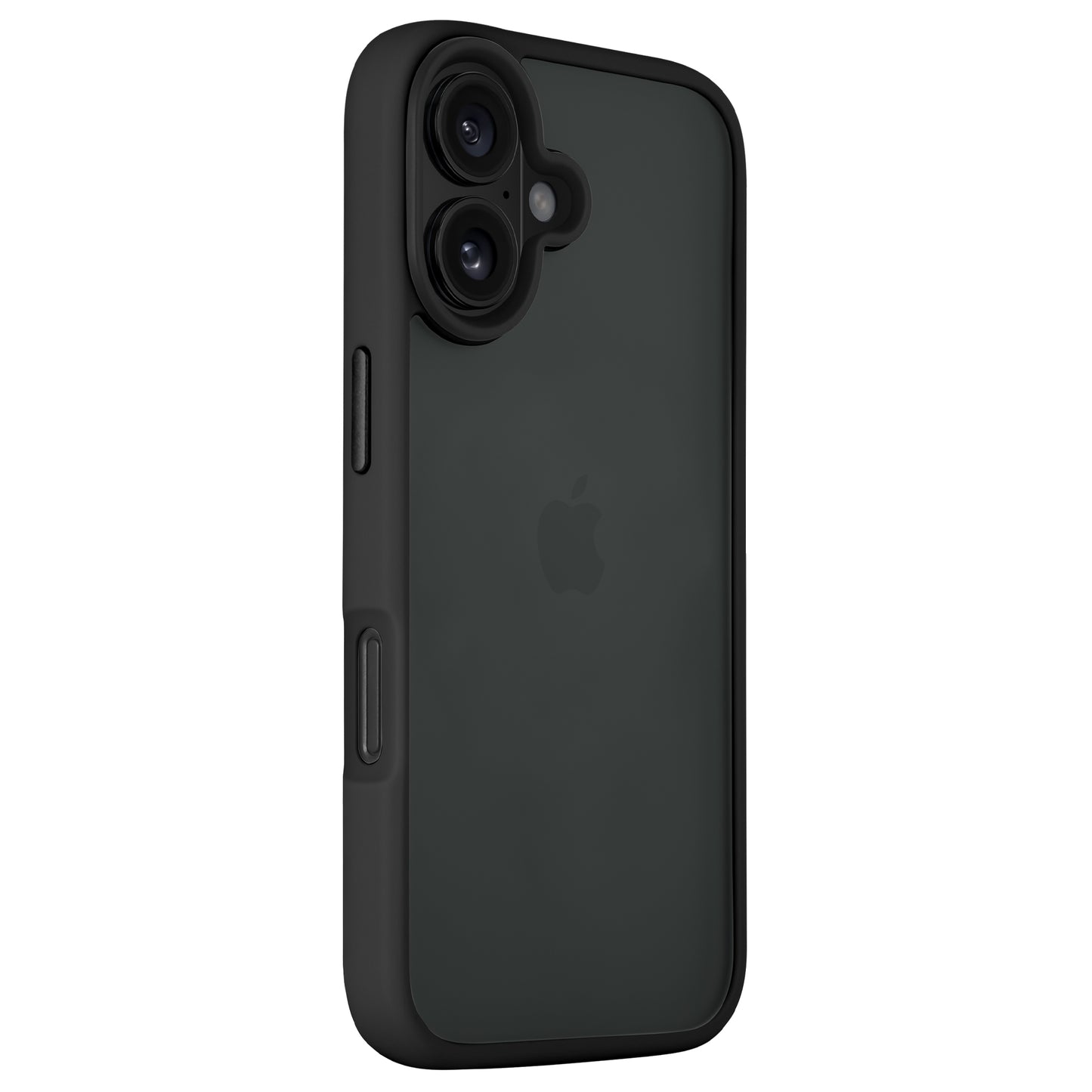 Das Arktis iPhone 16 Solid Case von Arktis zeigt ein Smartphone mit schwarzem Rahmen und transparenter Polycarbonat-Rückseite, die das Apple-Logo freigibt. Das stoßdämpfende TPU-Silikon schützt Seiten und Kanten und bietet präzise Aussparungen für Kamera, Tasten und Anschlüsse.