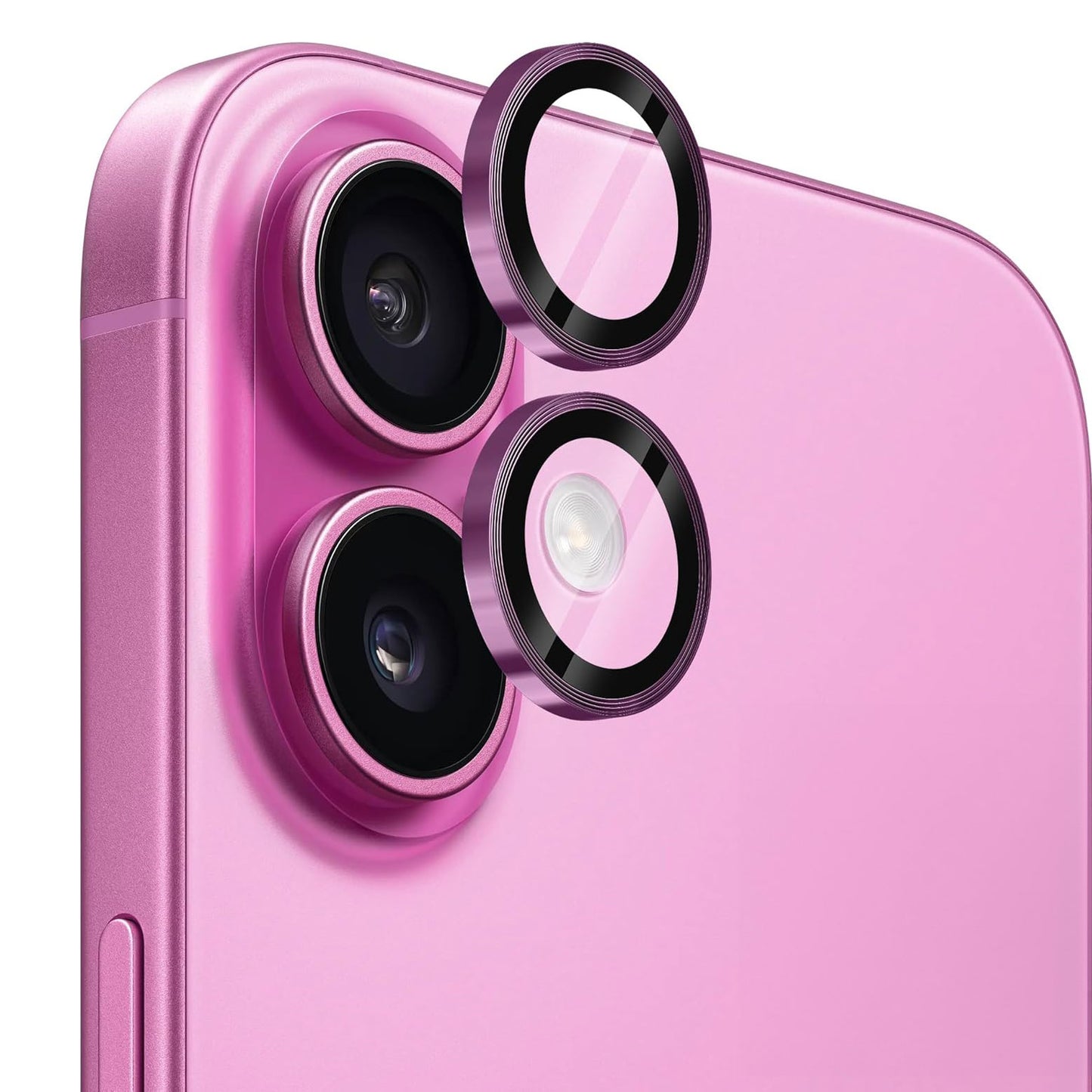 Eine Nahaufnahme zeigt, wie Arktis arktis iPhone 16-Objektivschutze über den beiden Rückkameras und dem Blitz des rosa iPhone 16 ausgerichtet werden, was den einfachen Installationsvorgang veranschaulicht.