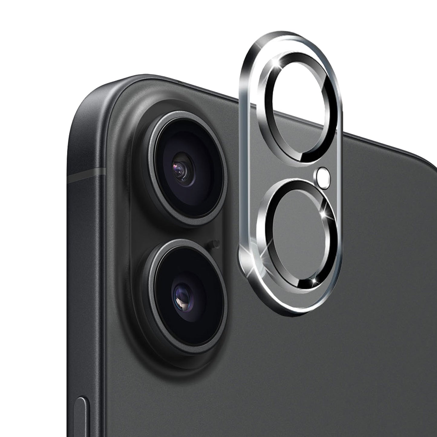 Nahaufnahme des arktis iPhone 16 Plus Kamera Protector von arktis, der über der Doppelkamera schwebt, um die Linsen vor Kratzern und Schrammen zu schützen.