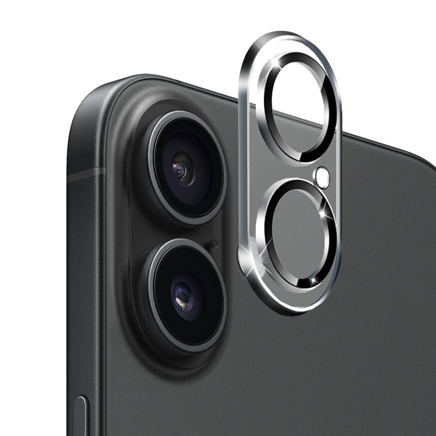 Nahaufnahme des arktis iPhone 16 Plus Kamera Protector von arktis, der über der Doppelkamera schwebt, um die Linsen vor Kratzern und Schrammen zu schützen.