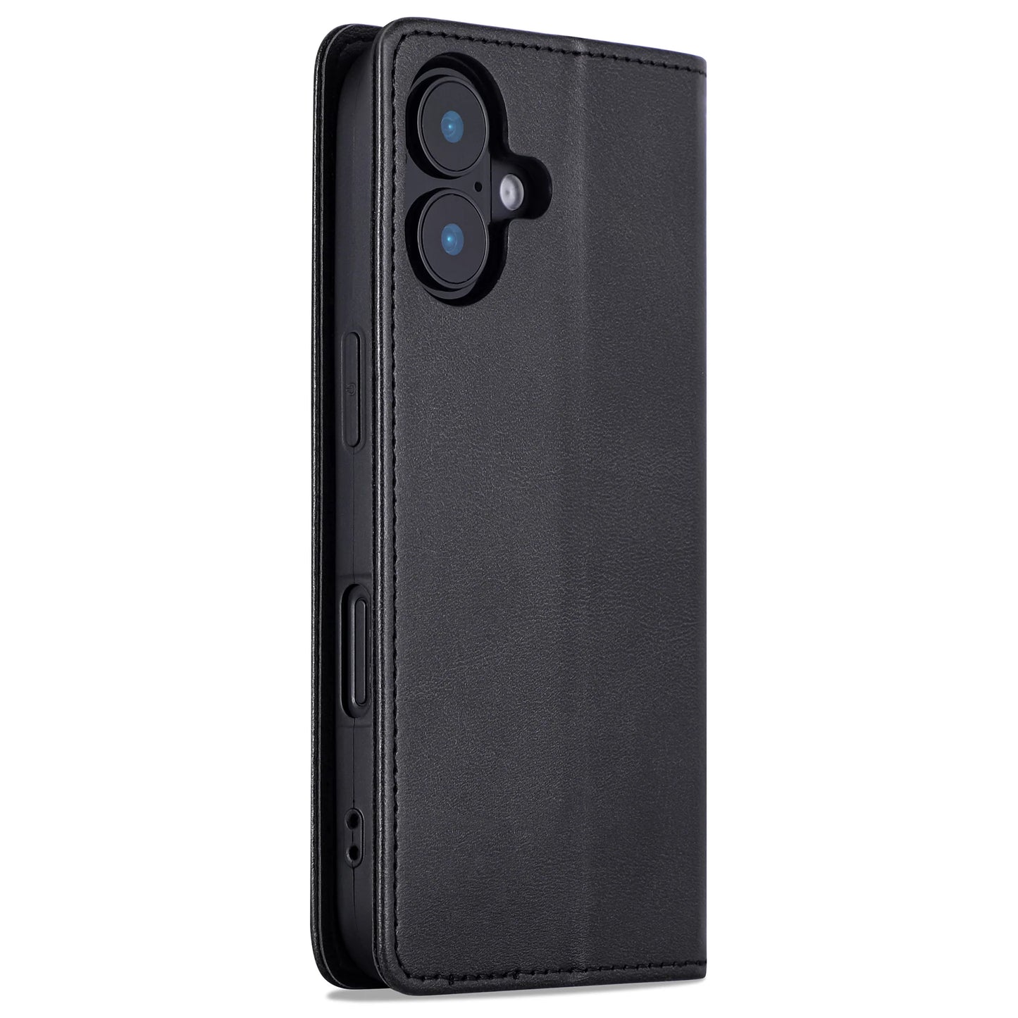 Das arktis iPhone 17 Book Case ist eine schwarze Kunstleder-Schutzhülle von arktis mit Kameraausschnitt, kann aufrecht stehen und lässt sich teilweise öffnen.