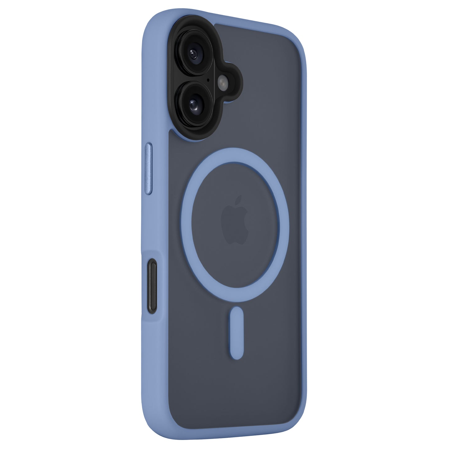 Das Arktis iPhone 16 Plus Solid Case in Blau und Schwarz verfügt über einen MagSafe-Ring, das Apple-Logo und stoßdämpfendes TPU-Silikon zum Schutz. Das elegante, minimalistische, matte Finish ist von der Rückseite aus schräg zu sehen.