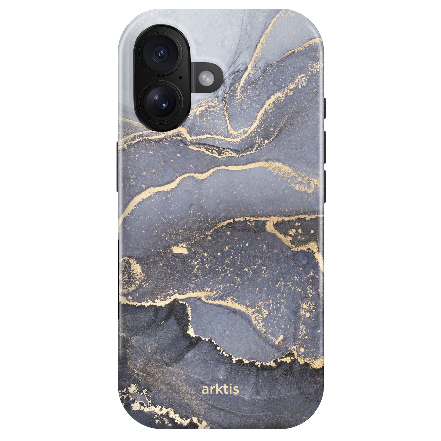 Das arktis iPhone 16 Plus Fashion Case – Dusty Marble verfügt über ein grau-goldenes Marmormuster, das Arktis-Branding und bietet Schutz mit stoßdämpfendem TPU-Silikon und langlebigen Polycarbonat-Materialien.