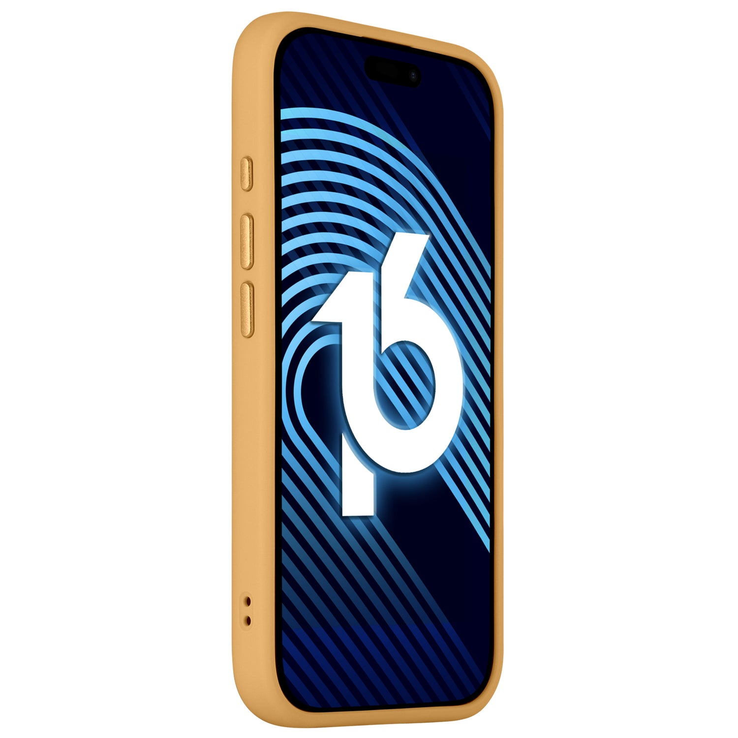 Ein iPhone 16 mit dem Arktis arktis iPhone 16 Solid Case in Hellbraun aus stoßabsorbierendem TPU-Silikon ist aus einer leicht schrägen Seitenansicht zu sehen und zeigt auf dem Display eine blau-weiße Grafik mit der Zahl 16 und geschwungenen Linien.