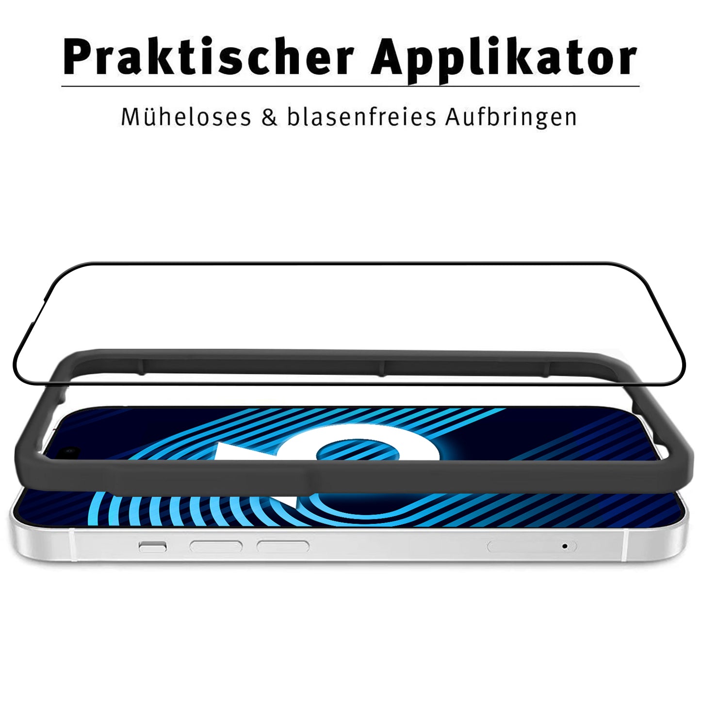 Das arktis iPhone 16 Plus Displayschutz GLAS verfügt über einen schwarzen Applikatorrahmen und ermöglicht eine einfache, blasenfreie Installation des kratzfesten Displayschutzes aus Glas.