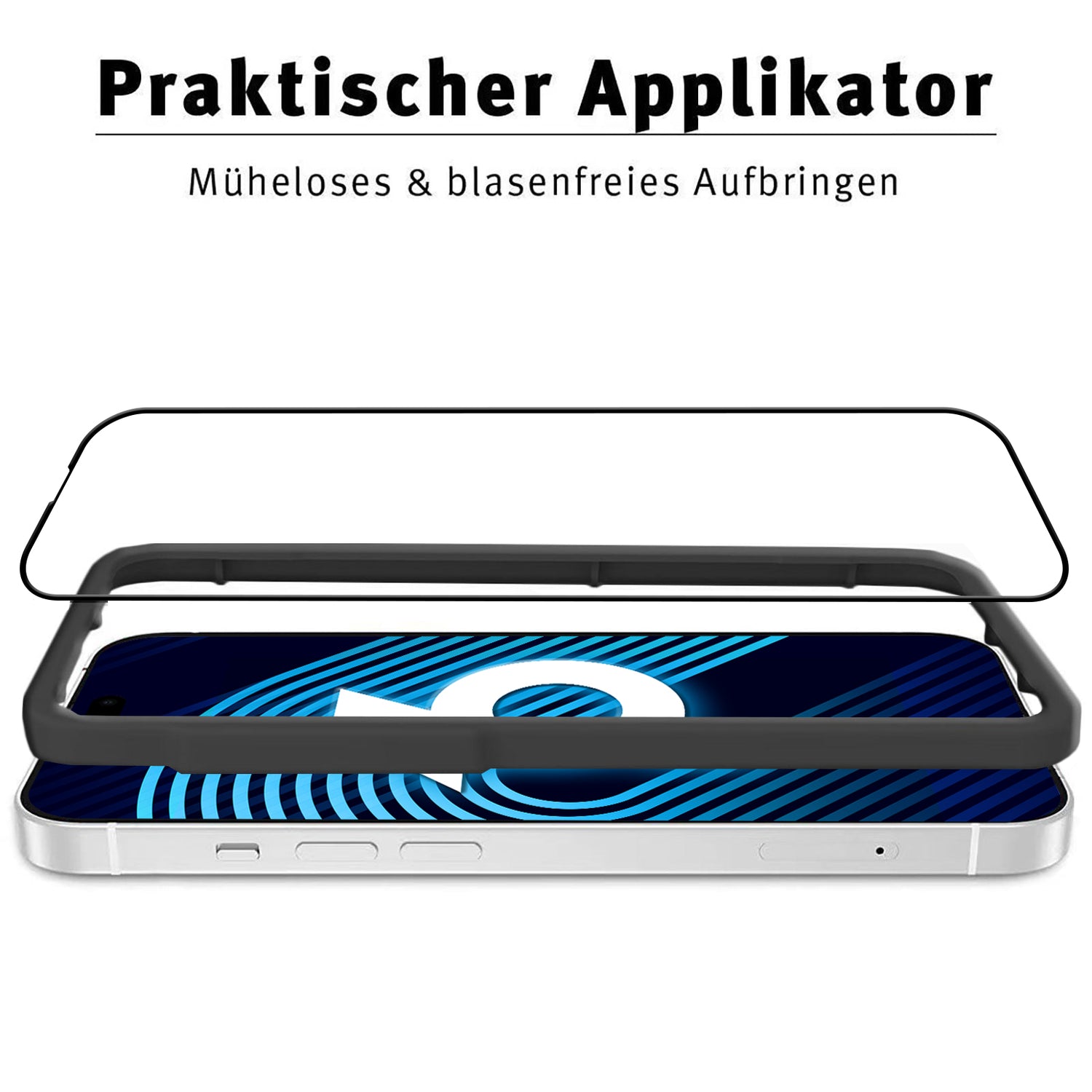 Das arktis iPhone 16 Plus Displayschutz GLAS verfügt über einen schwarzen Applikatorrahmen und ermöglicht eine einfache, blasenfreie Installation des kratzfesten Displayschutzes aus Glas.