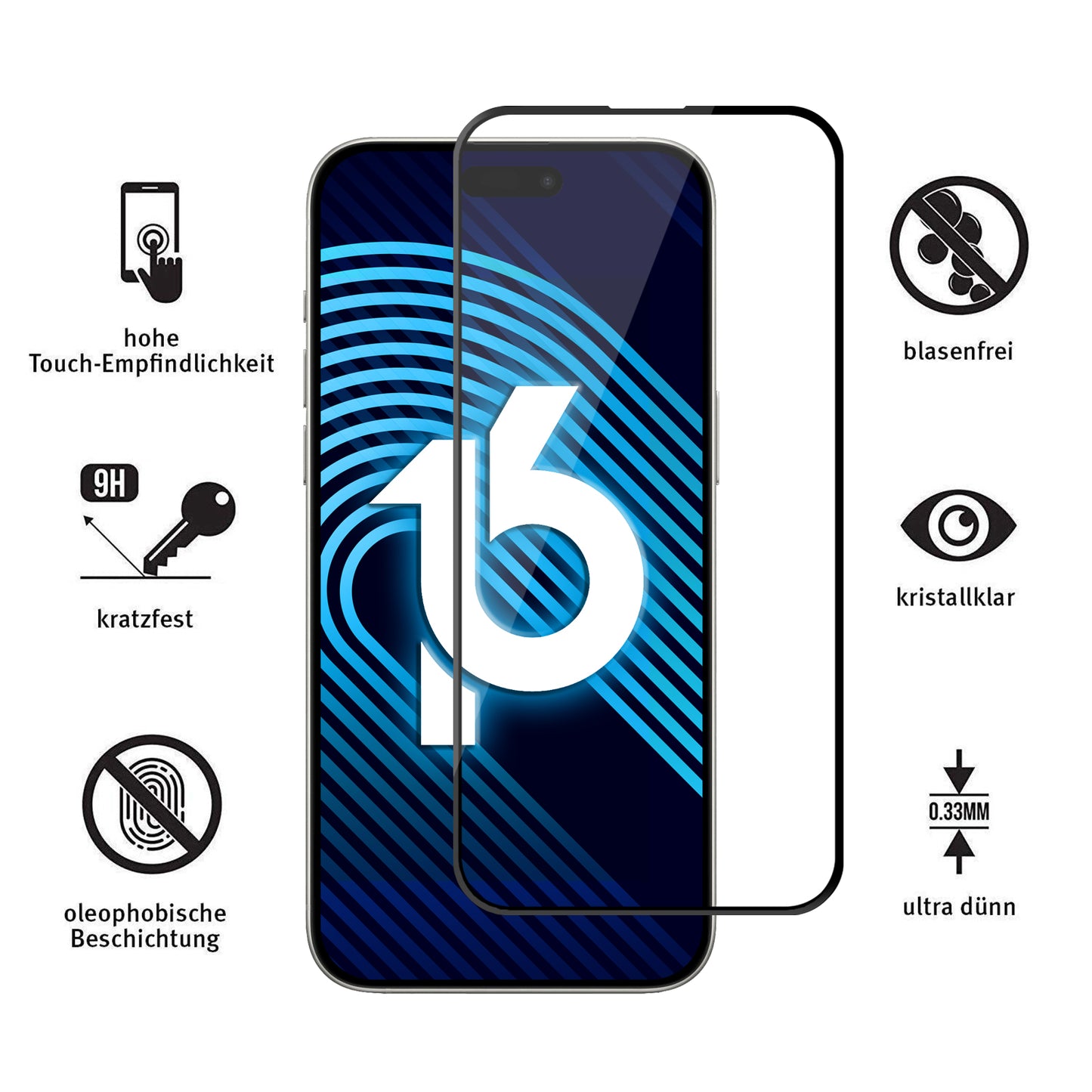 Das arktis iPhone 16 Plus Displayschutz GLAS von arktis wird von Icons umgeben, die Funktionen wie kratzfestes Glas und oleophobe Schicht mit deutschen Beschreibungen zeigen.