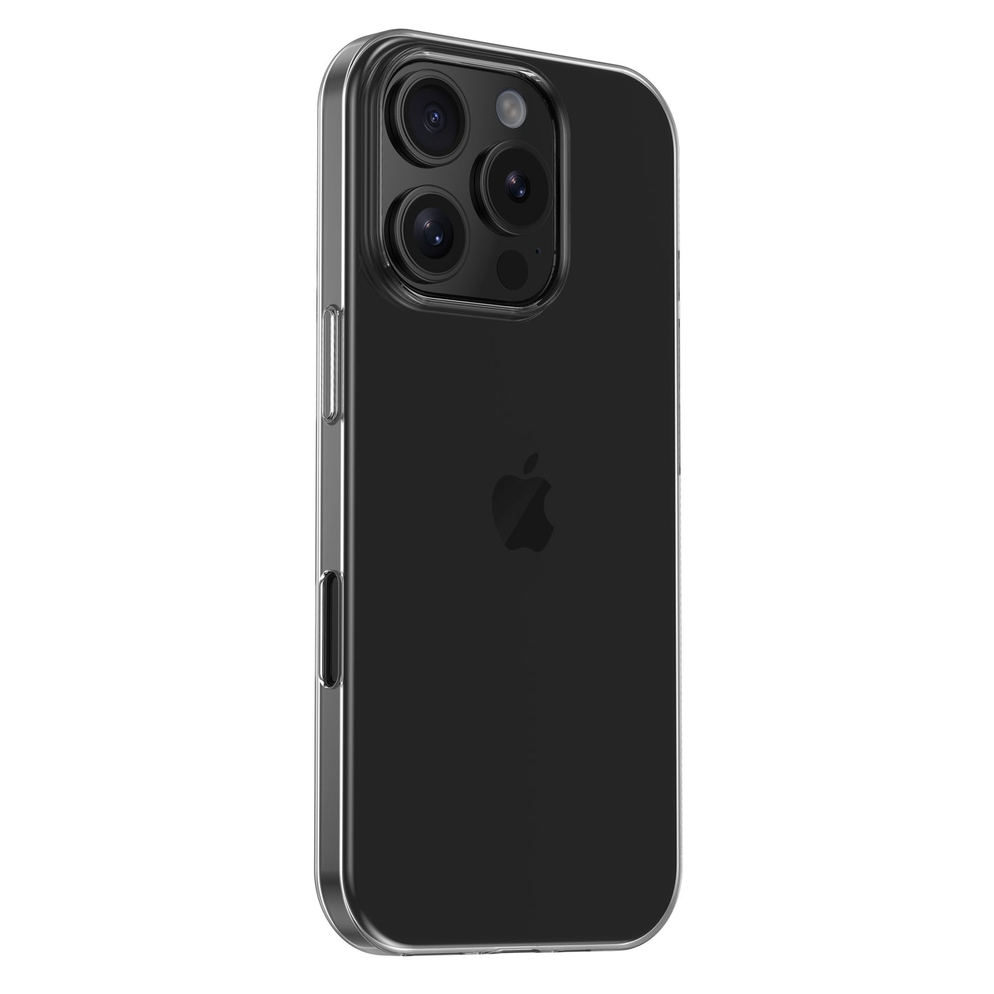 Das arktis iPhone 17 Air ZERO Case von arktis ist eine ultradünne, stoßfeste transparente TPU-Silikon-Hülle für das schwarze iPhone 17 mit dem Apple-Logo und der Dreifach-Kamera mit Blitz auf der Rückseite.