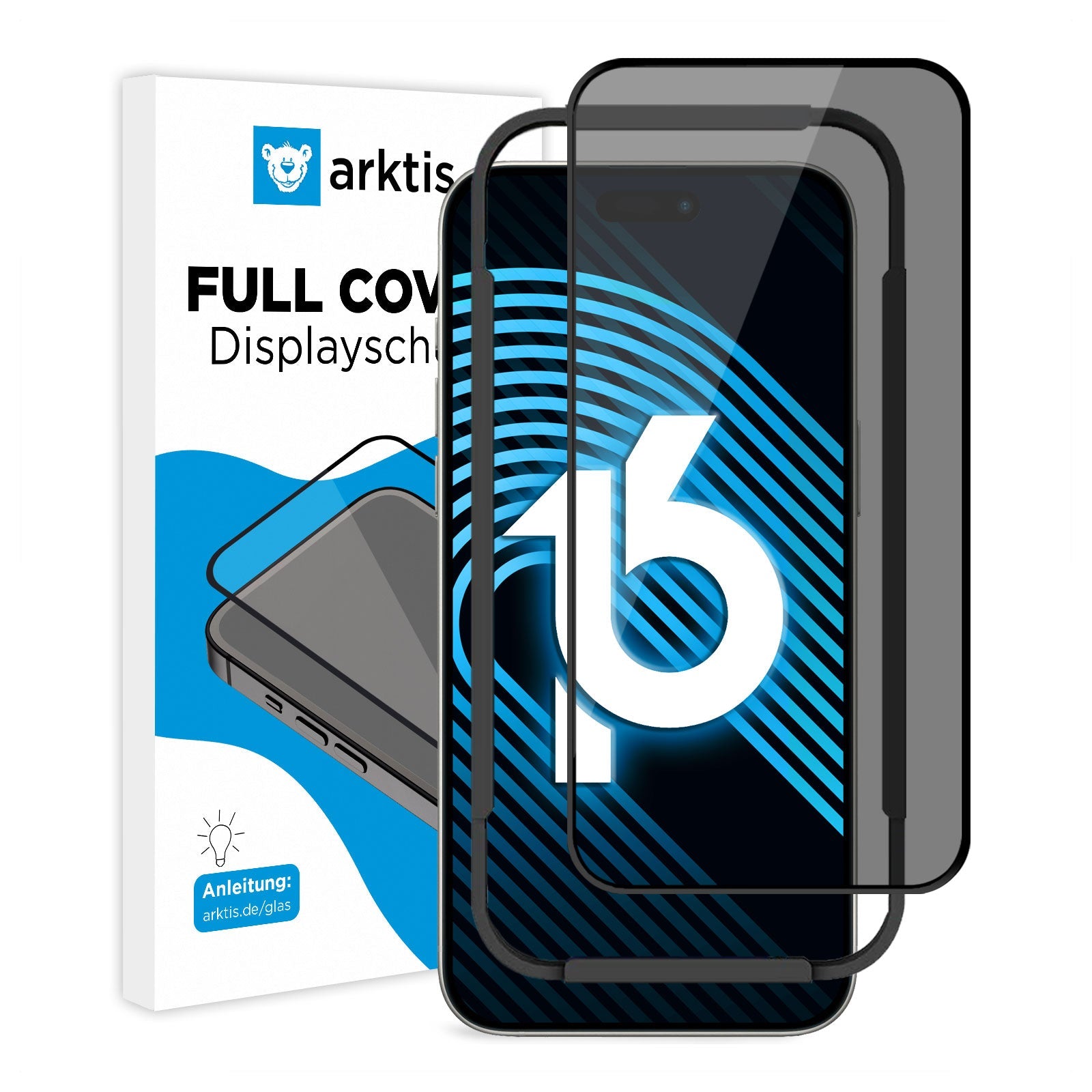 Zwei Displayschutzfolien mit schwarzem Rahmen vor einem Smartphone und einer Verpackungsbox der Marke Arktis.