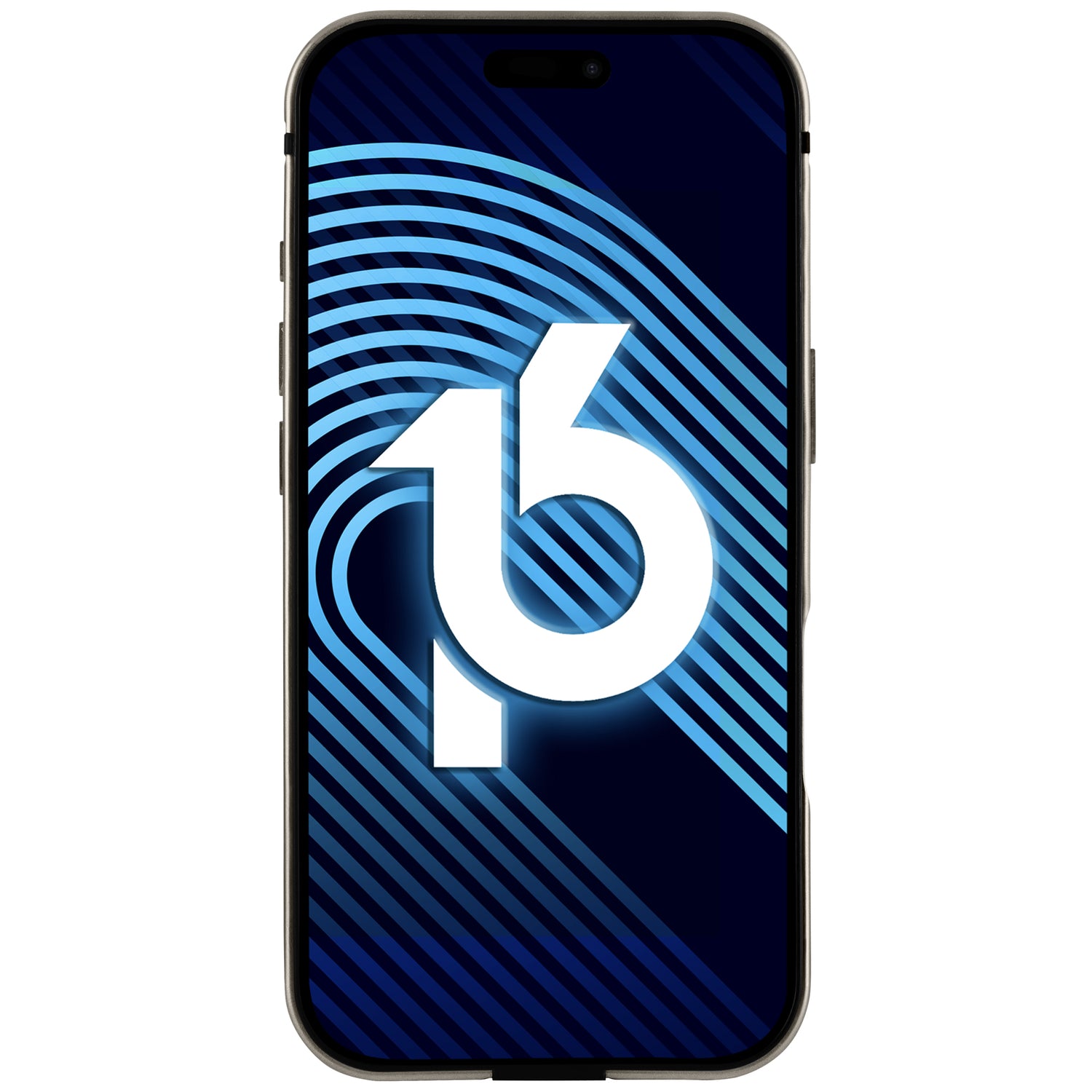 Der arktis iPhone 16 Pro Bumper von arktis schützt Ihr Smartphone mit dunkelblauem Display, hellblauen geschwungenen Linien und einer großen weißen „16“ in der Mitte. Der Bumper ist stoßabsorbierend.