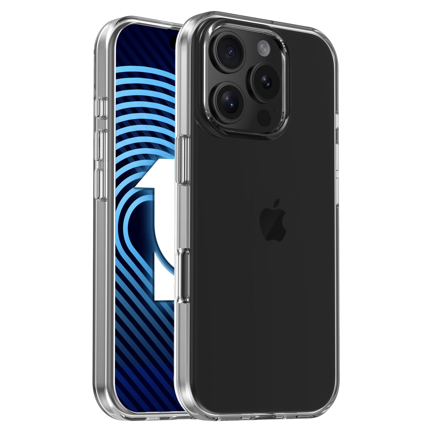 Das arktis iPhone 16 Pro Air Case, eine transparente TPU-Silikonhülle von arktis, schützt ein schwarzes iPhone 16 Pro von Vorder- und Rückseite. Das Display zeigt ein blau-weißes abstraktes Muster; auf der Rückseite ist das Apple-Logo zu sehen.