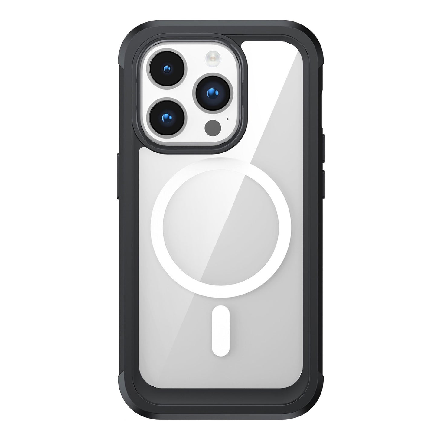 Das arktis iPhone 16 Pro Defender Case verfügt über schwarze Kanten, einen MagSafe-Ring und bietet 360-Grad-Schutz für Ihr iPhone 16 Pro, passend für Modelle mit drei Kameras.